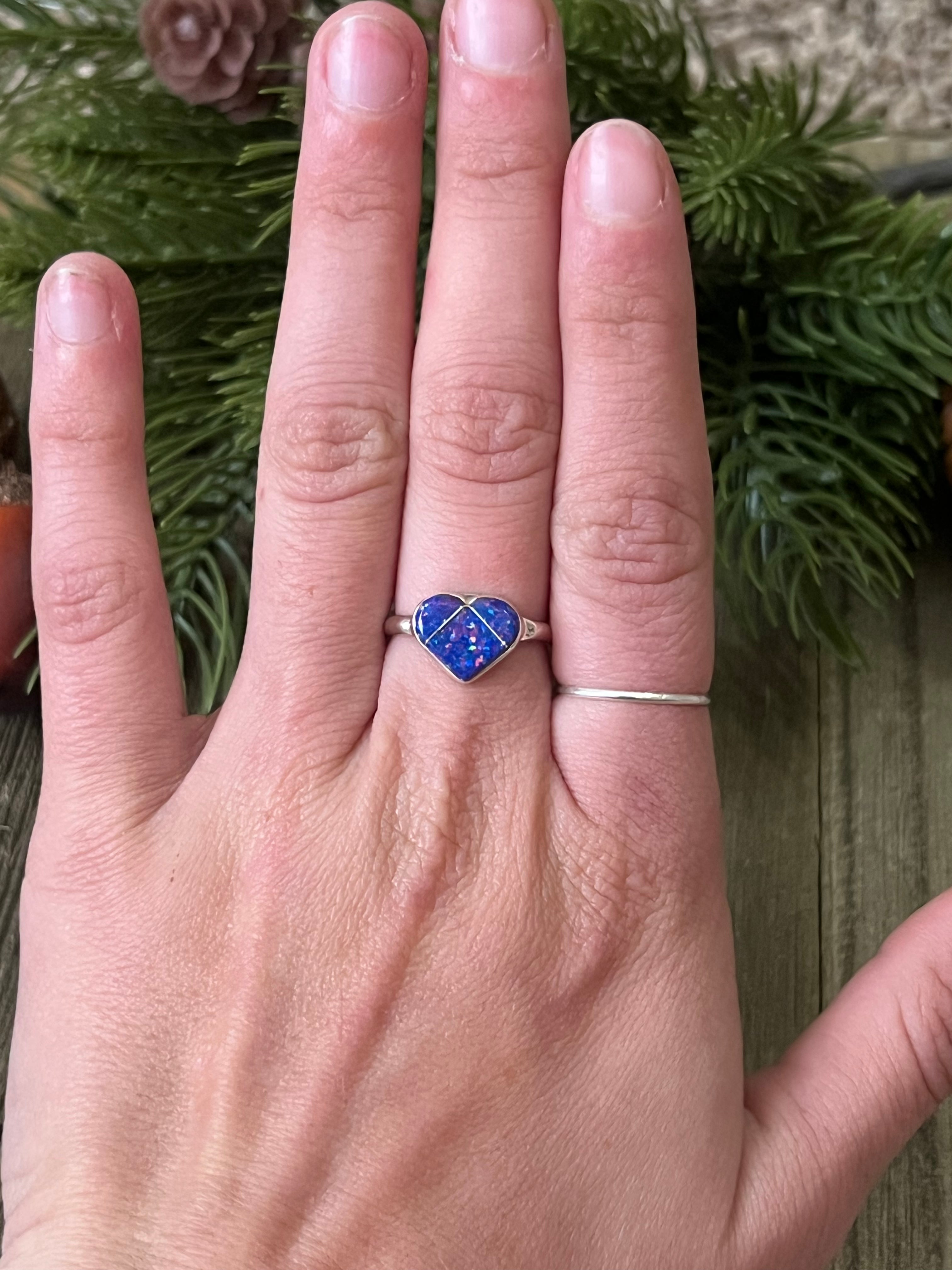 Zuni Made Dark Blue Opal (Man Made) & Sterling Silver Ring Size 6