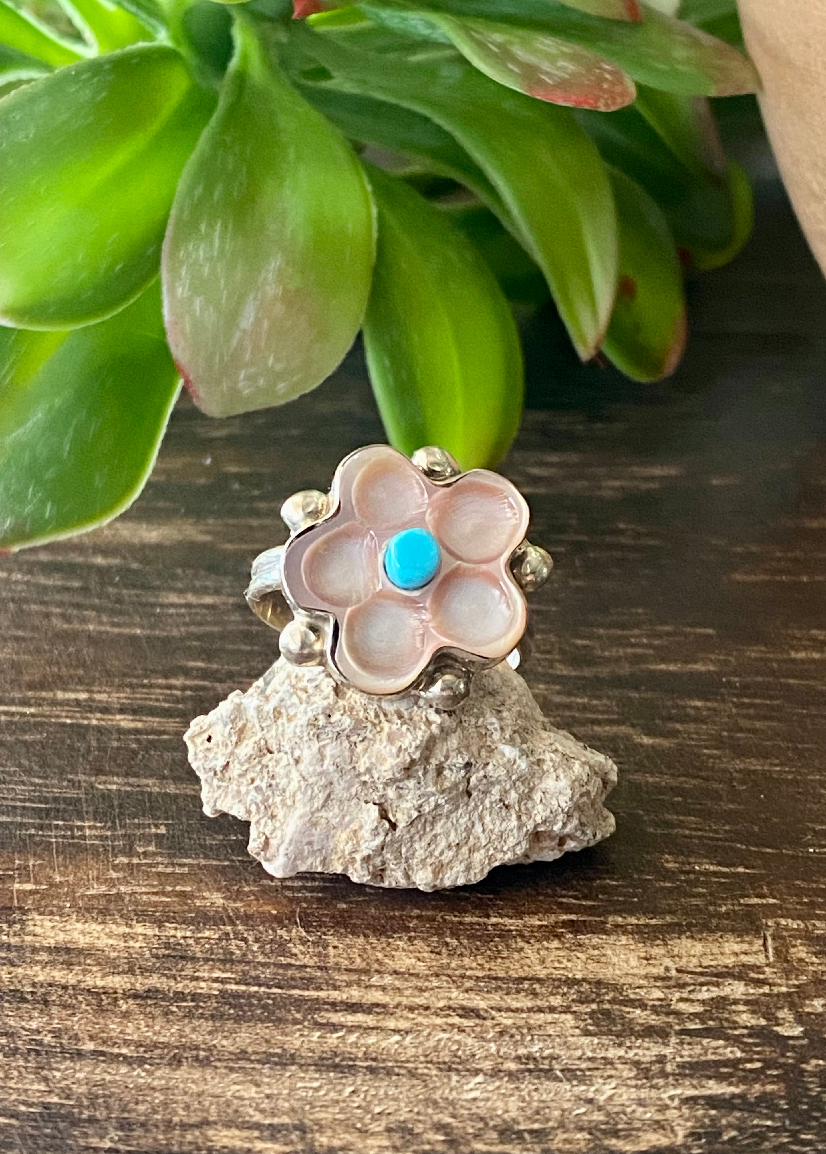 Zuni Made Multi Stone & Sterling Silver Flower Ring Size 7.25
