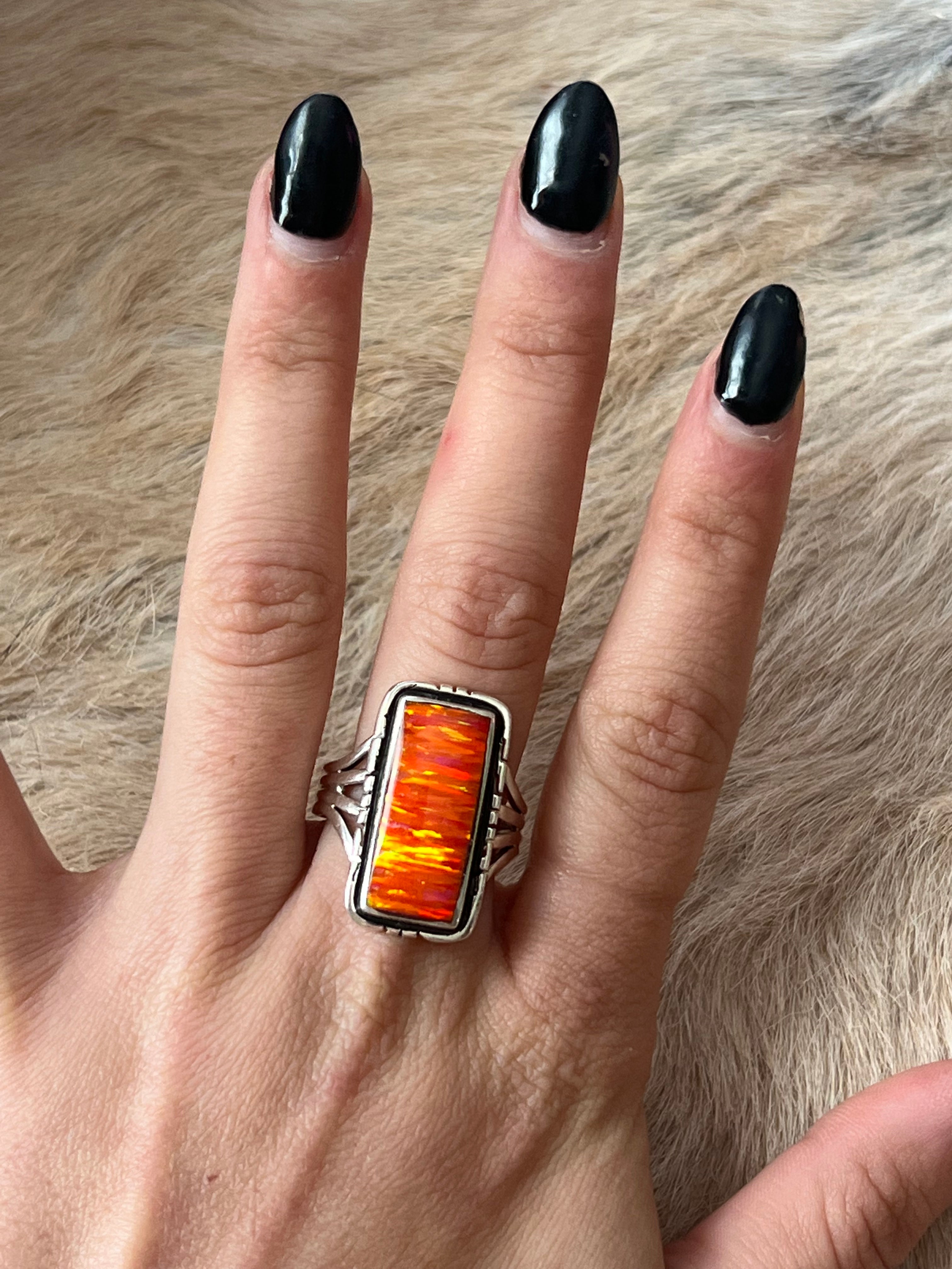 Navajo Made Orange Opal (Man Made) & Sterling Silver Ring