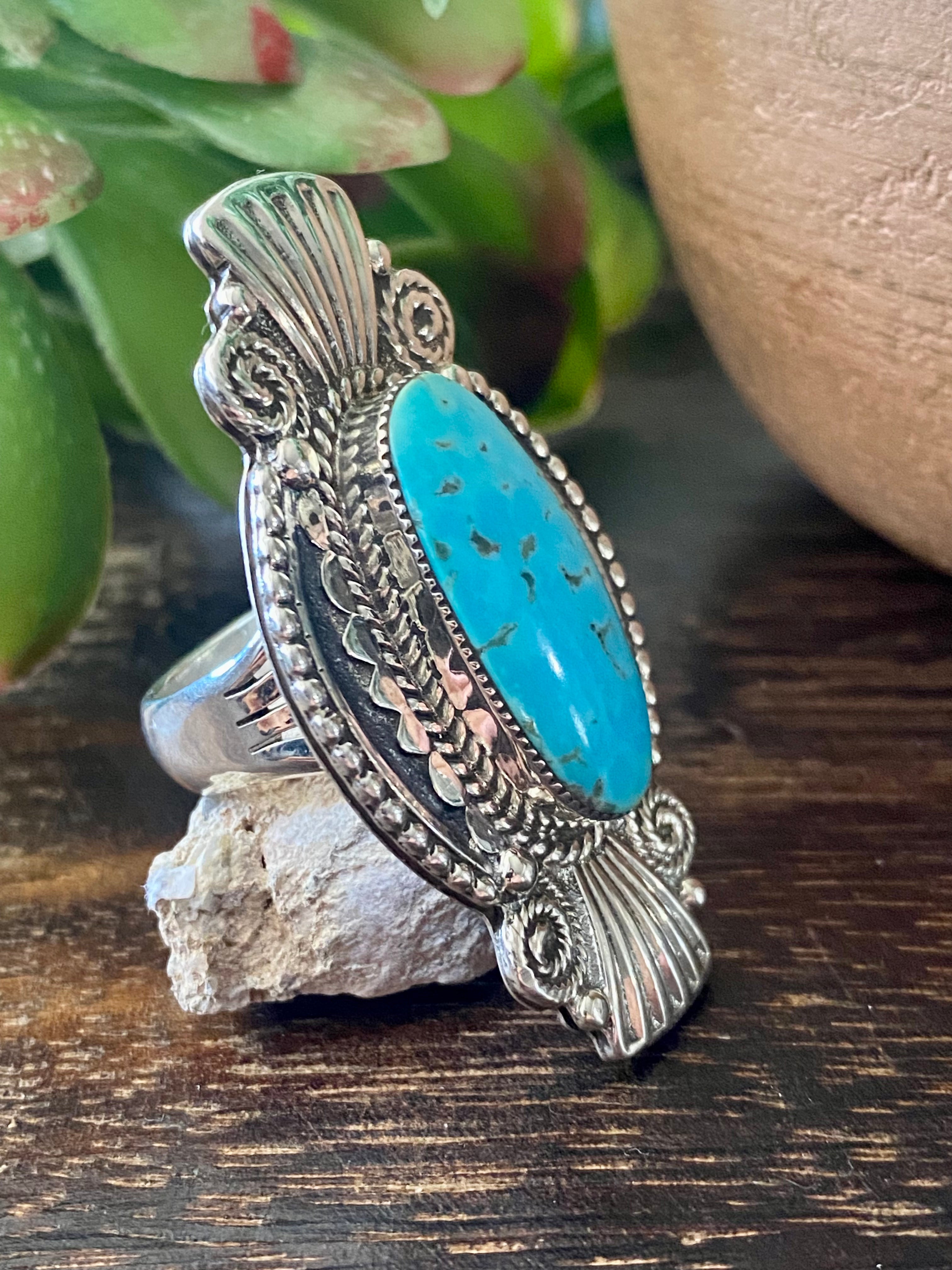 Navajo Made Kingman Turquoise & Sterling Silver Ring Size 7