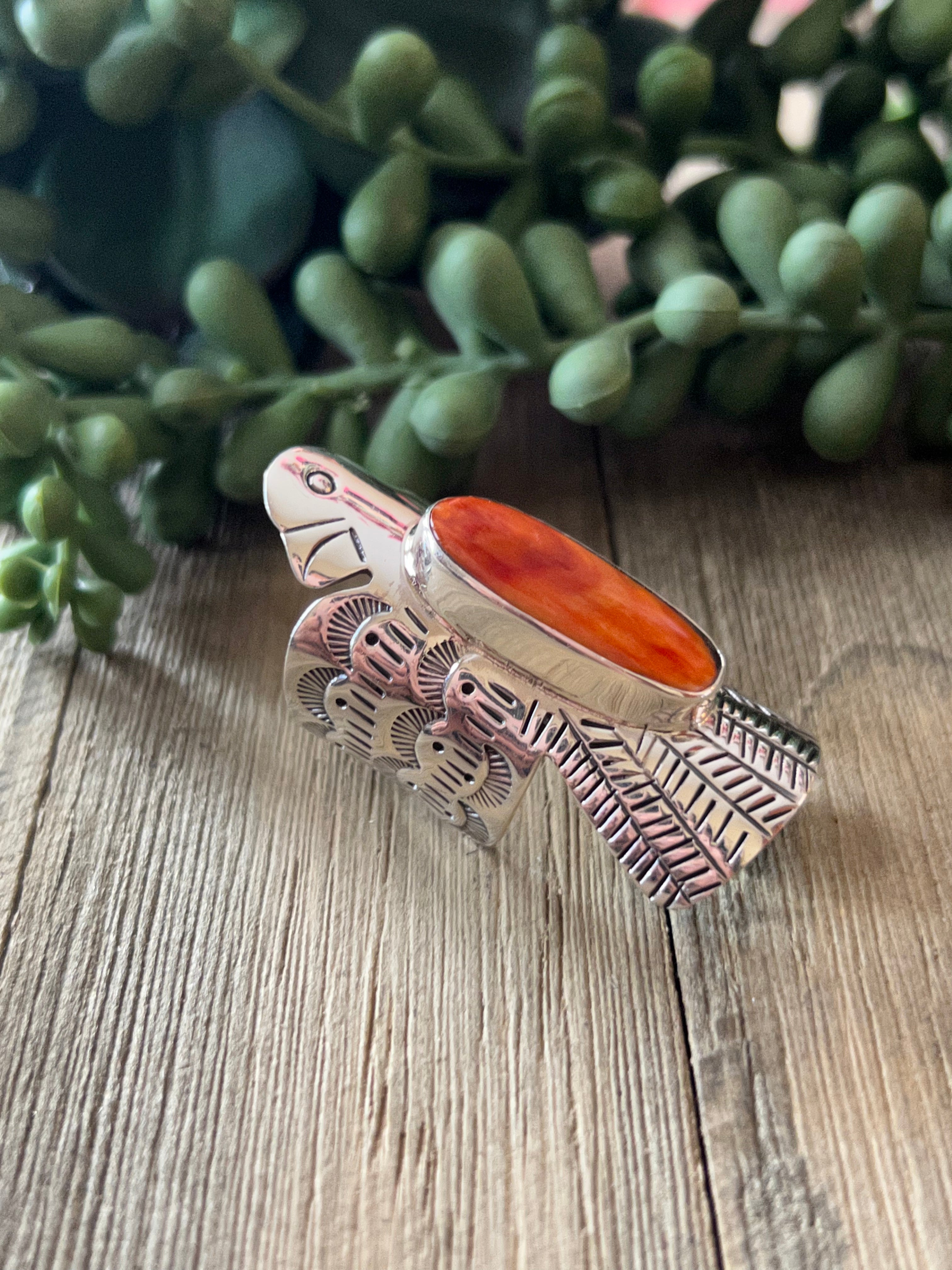 Navajo Made Spiny Oyster & Sterling Silver Thunderbird Ring Size 7.75