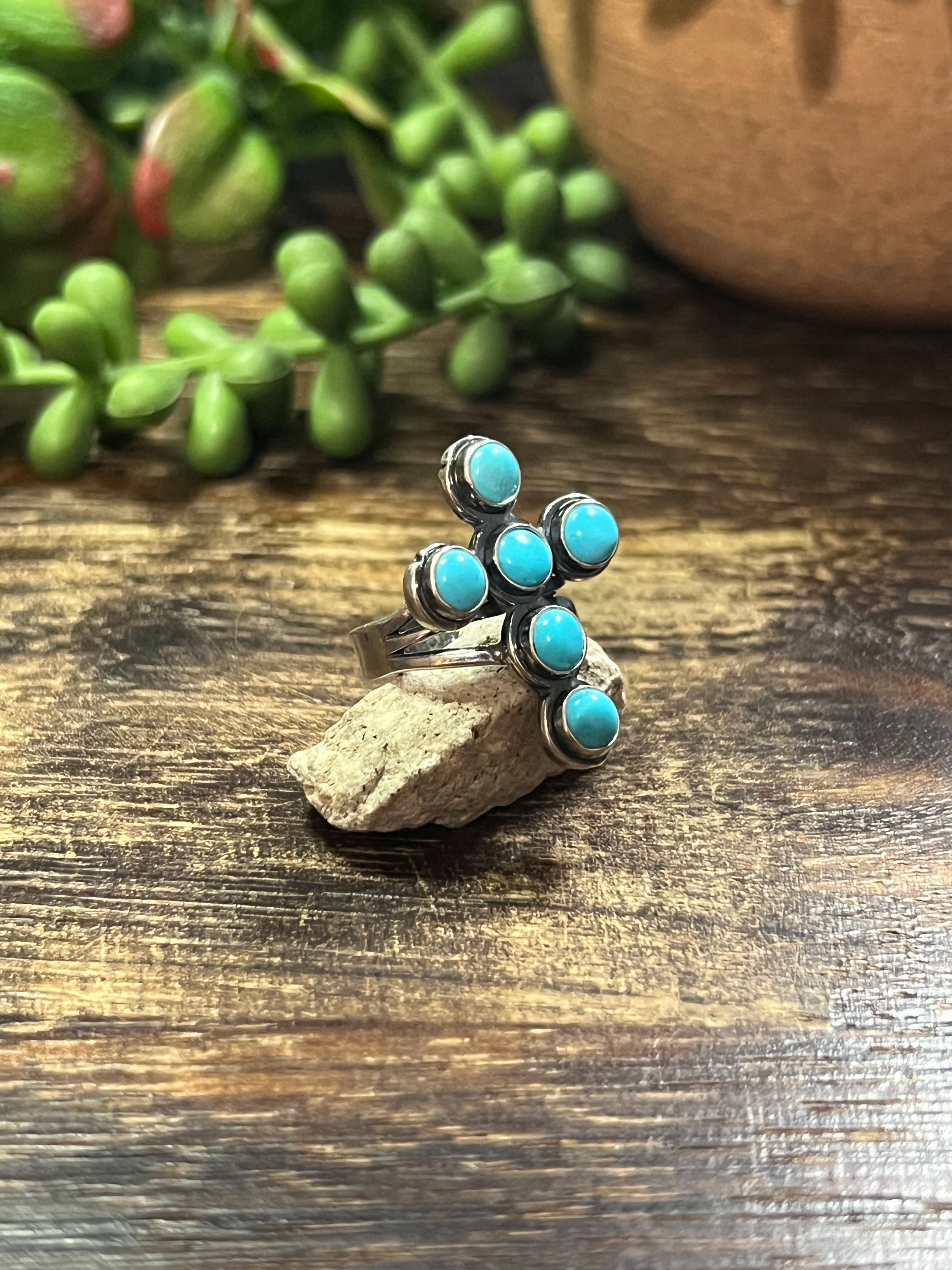 Navajo Made Kingman Turquoise & Sterling Silver Cross Ring