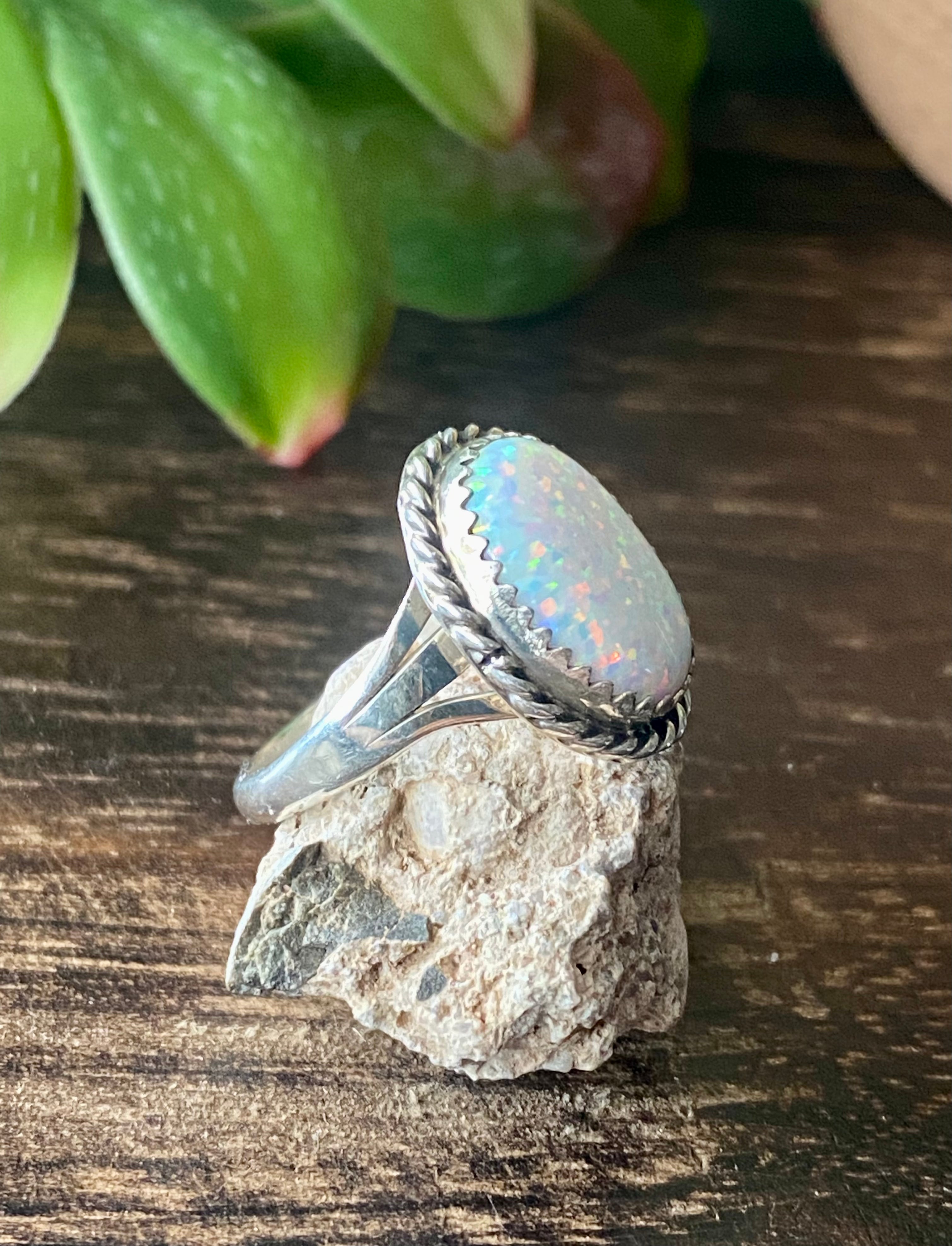 Navajo Made White Opal & Sterling Silver Ring Size 8.5