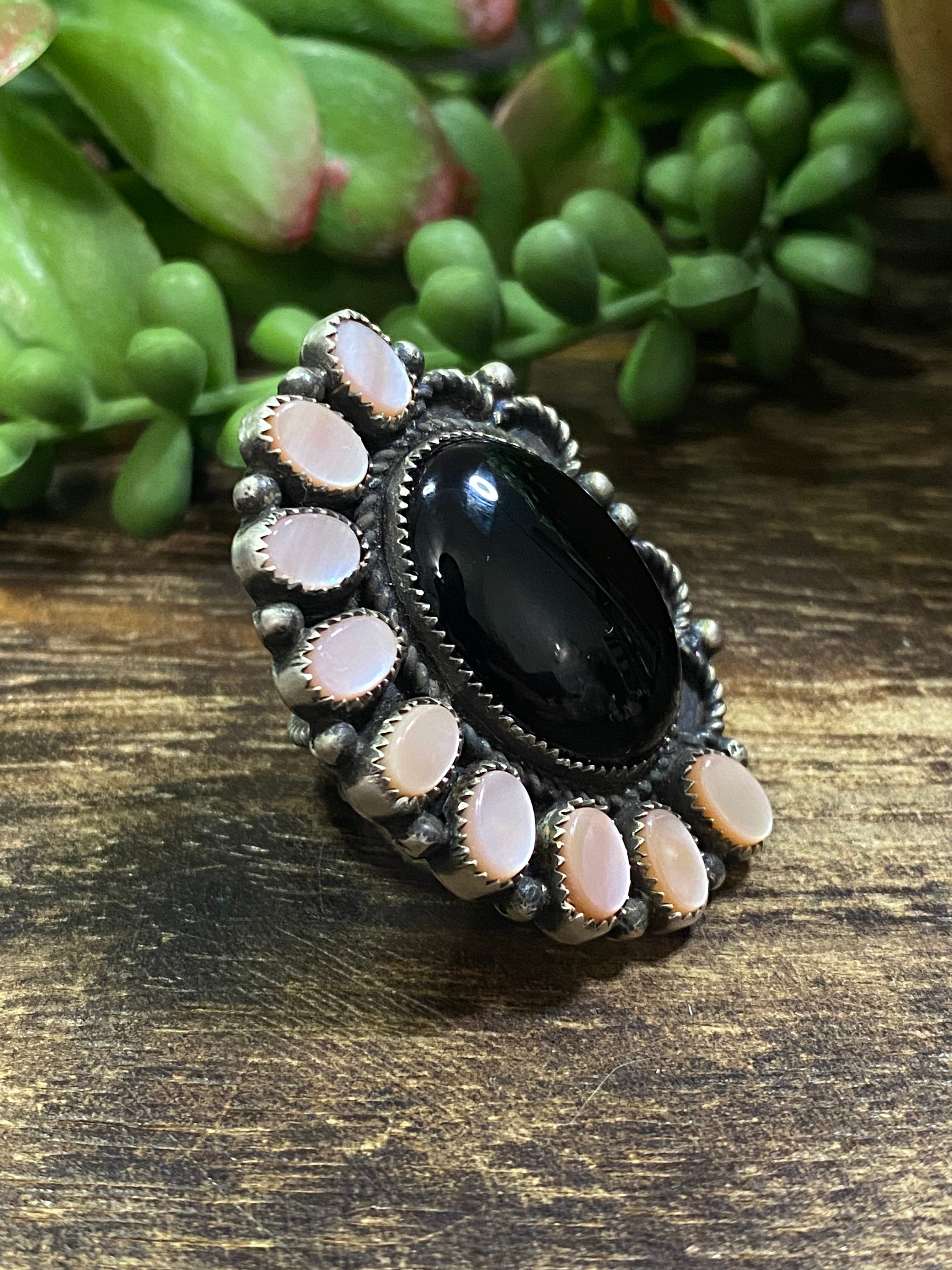 Navajo Made Onyx & Mother of Pearl Sterling Silver Ring Size 8.5