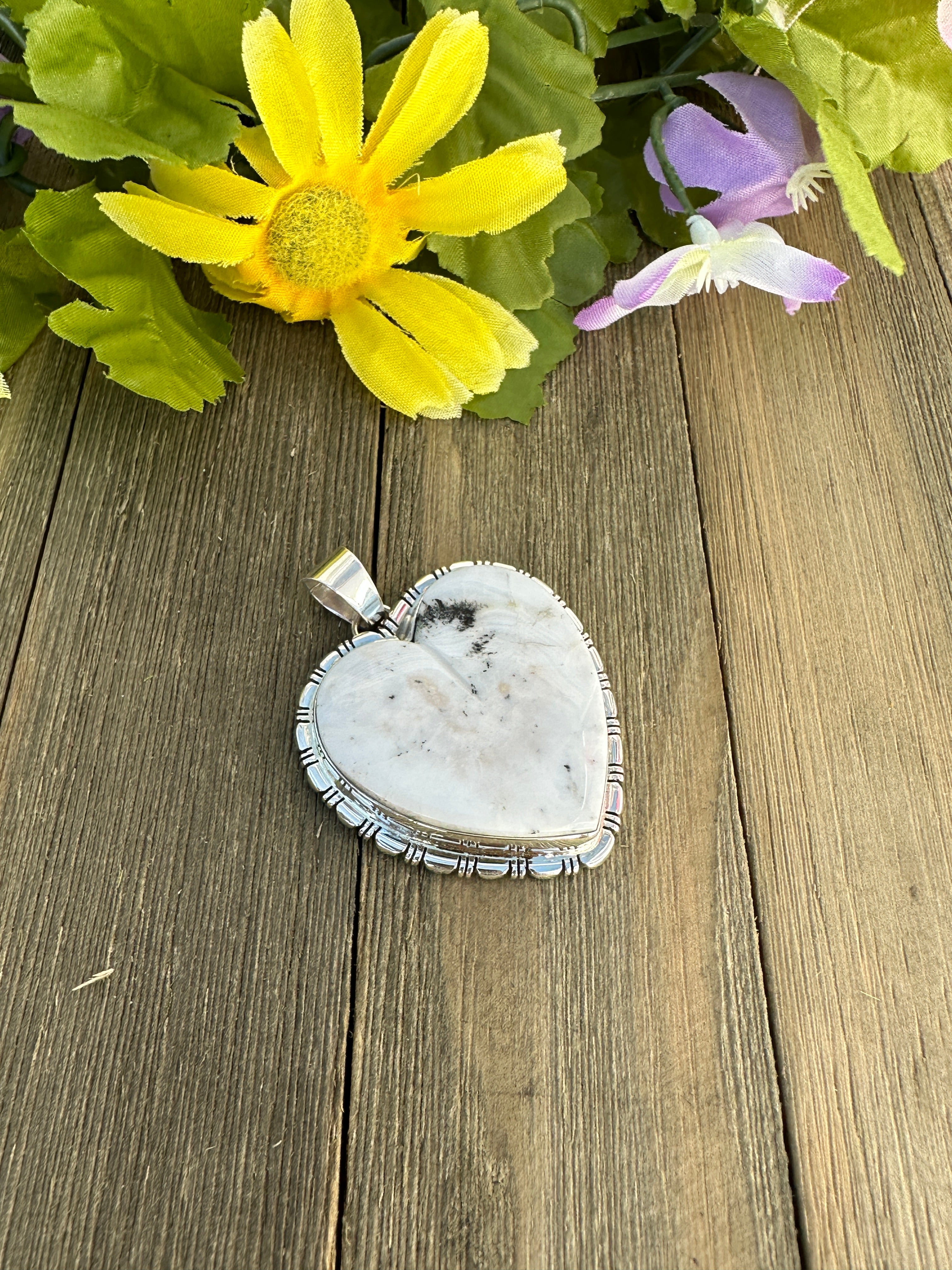 Navajo Made White Buffalo & Sterling Silver Heart Pendant