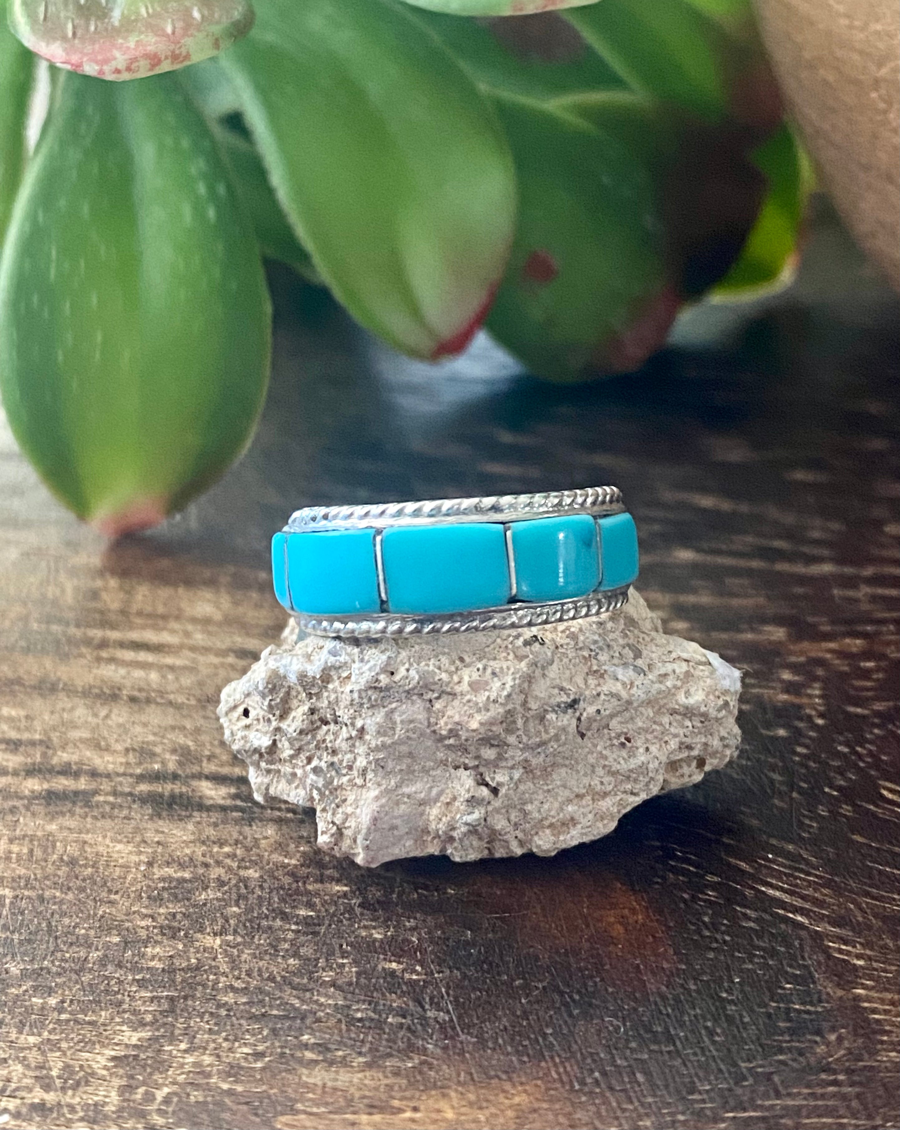 Navajo Made Turquoise & Sterling Silver Inlay Ring Size