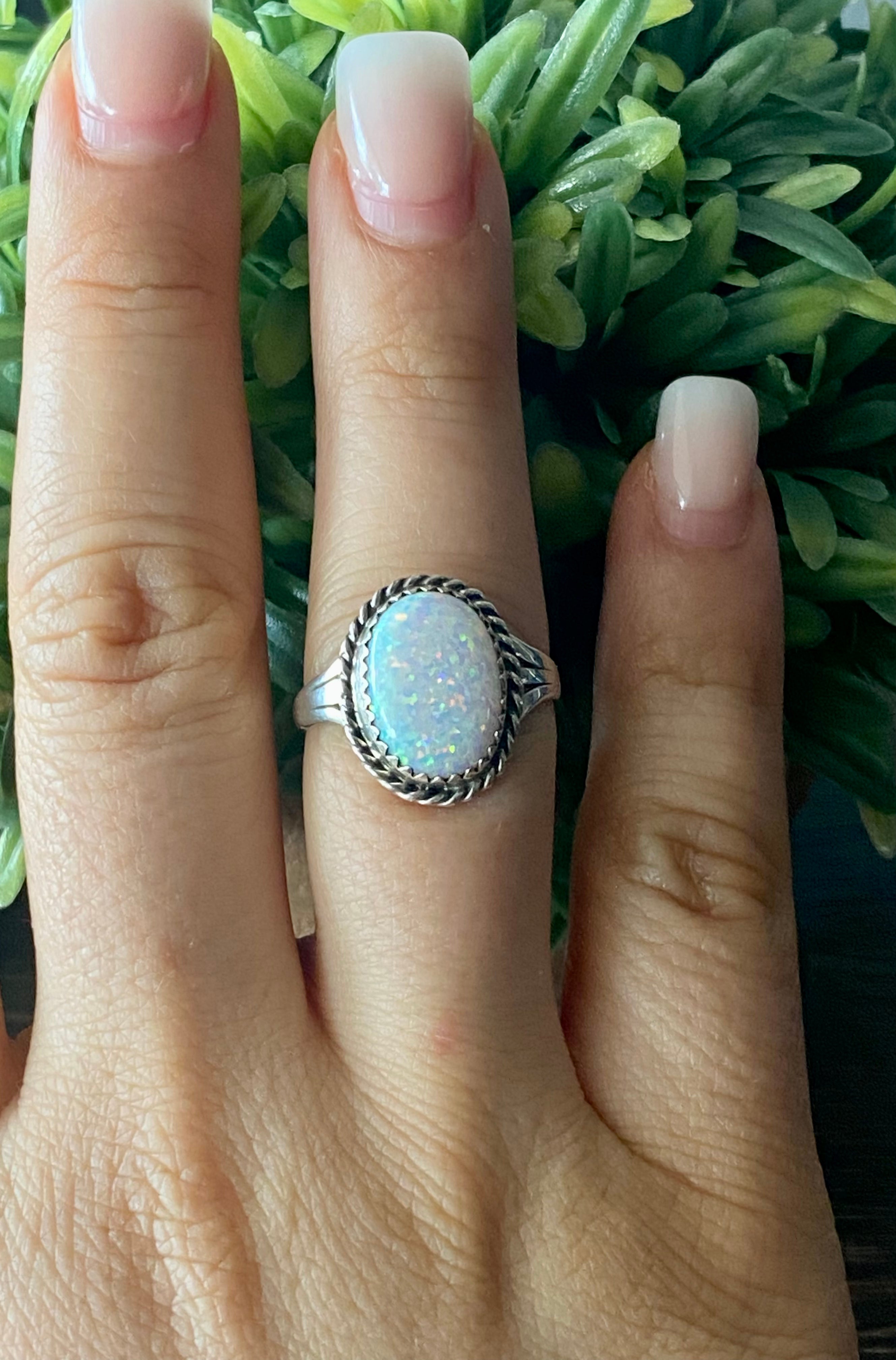 Navajo Made White Opal & Sterling Silver Ring Size 8.5