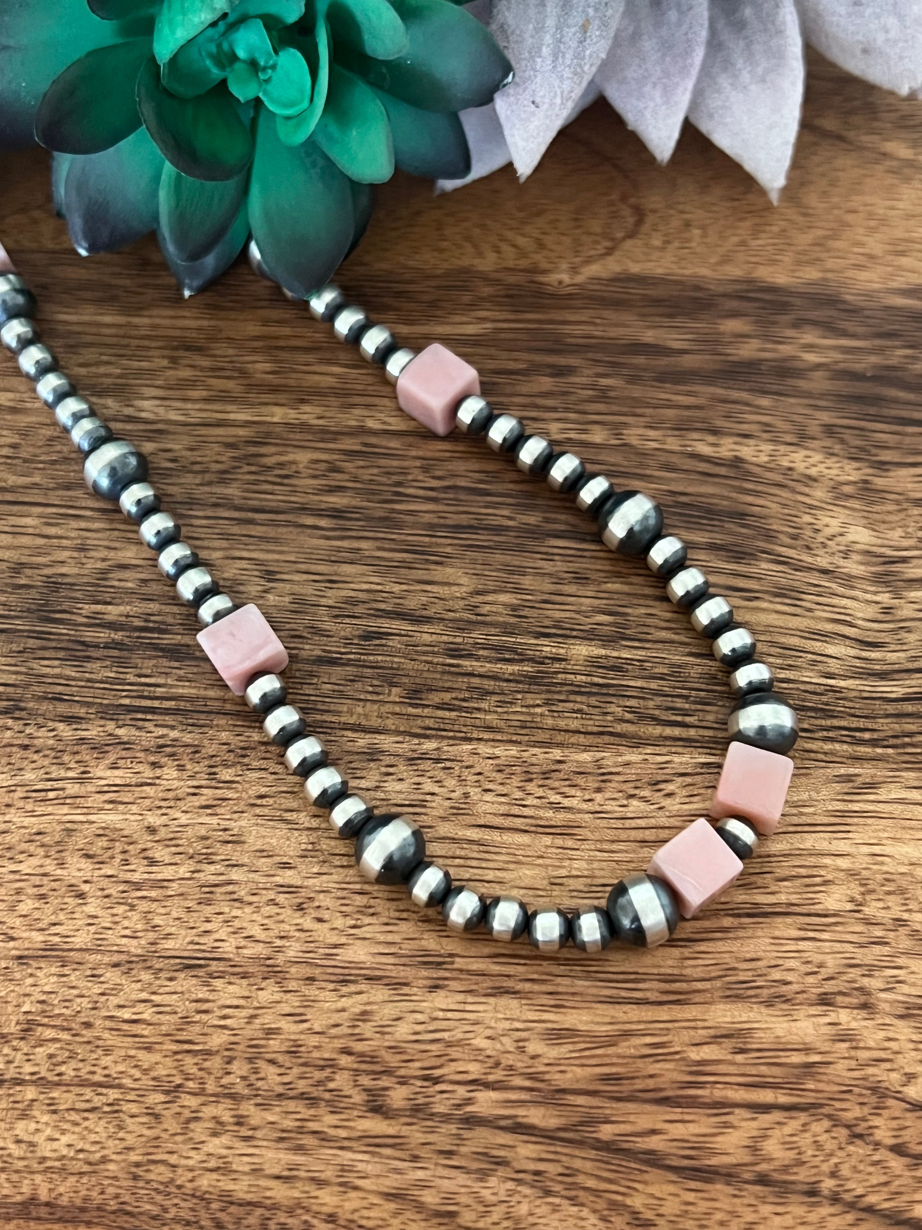 Navajo Made Pink Coral & Sterling Silver Graduated Pearl Necklace