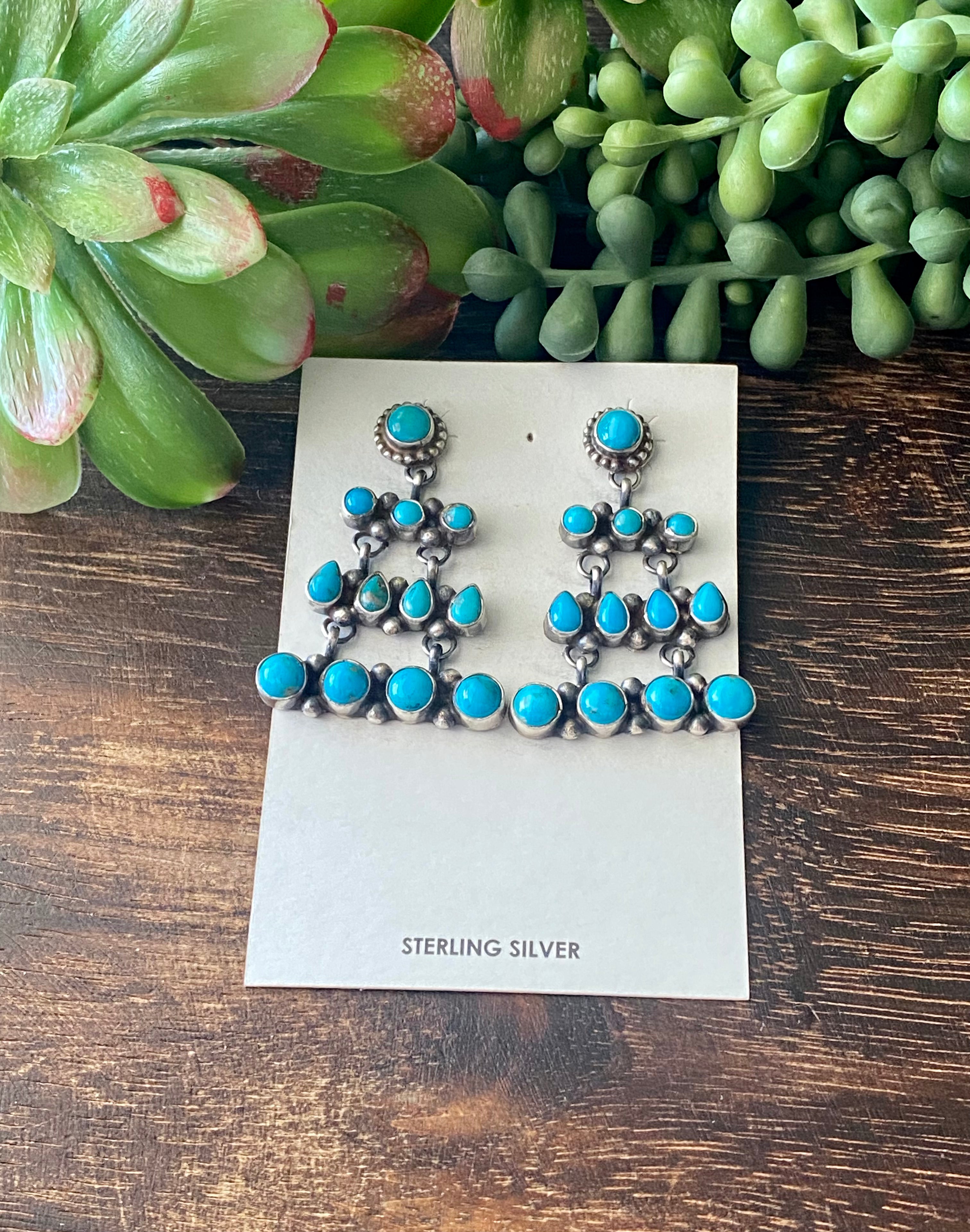Sheila Becenti Kingman Turquoise & Sterling Silver Post Dangle Earrings