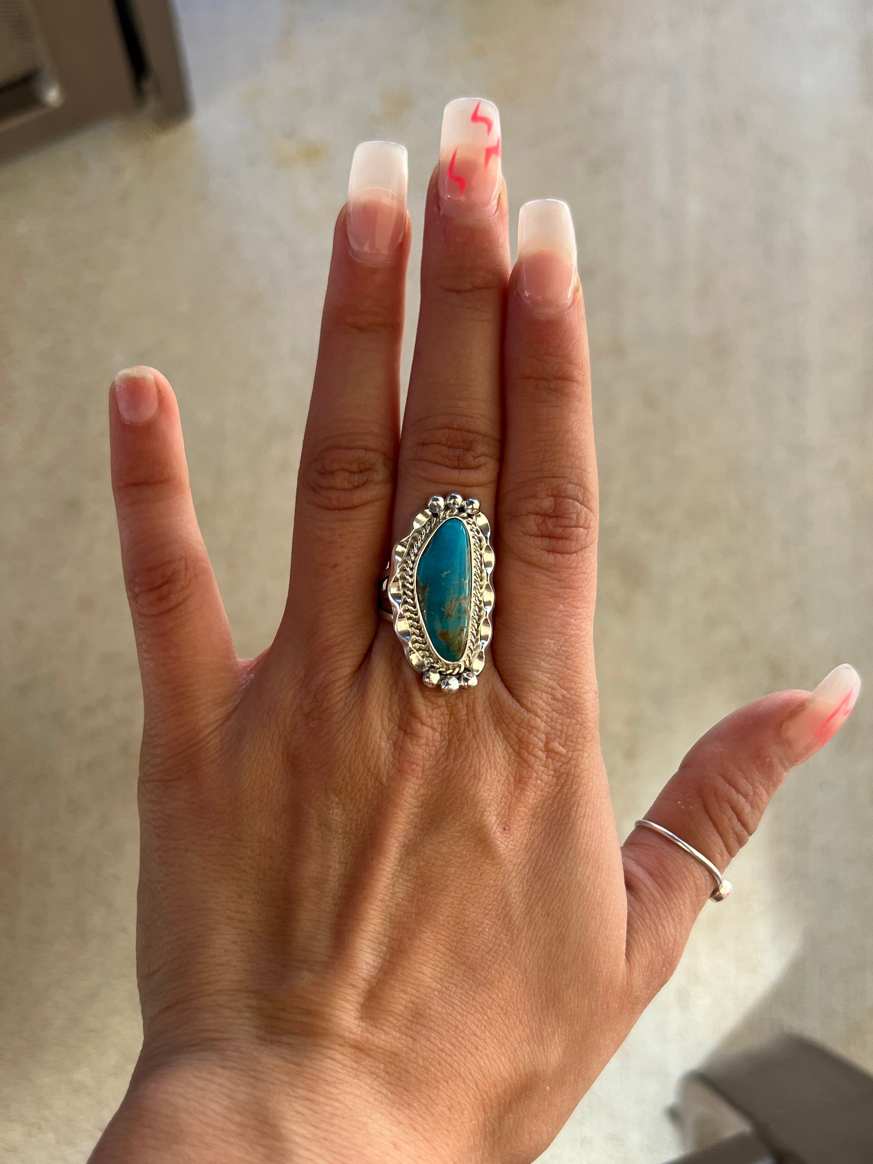 Sally Yazzie Kingman Turquoise & Sterling Silver Ring Size 8