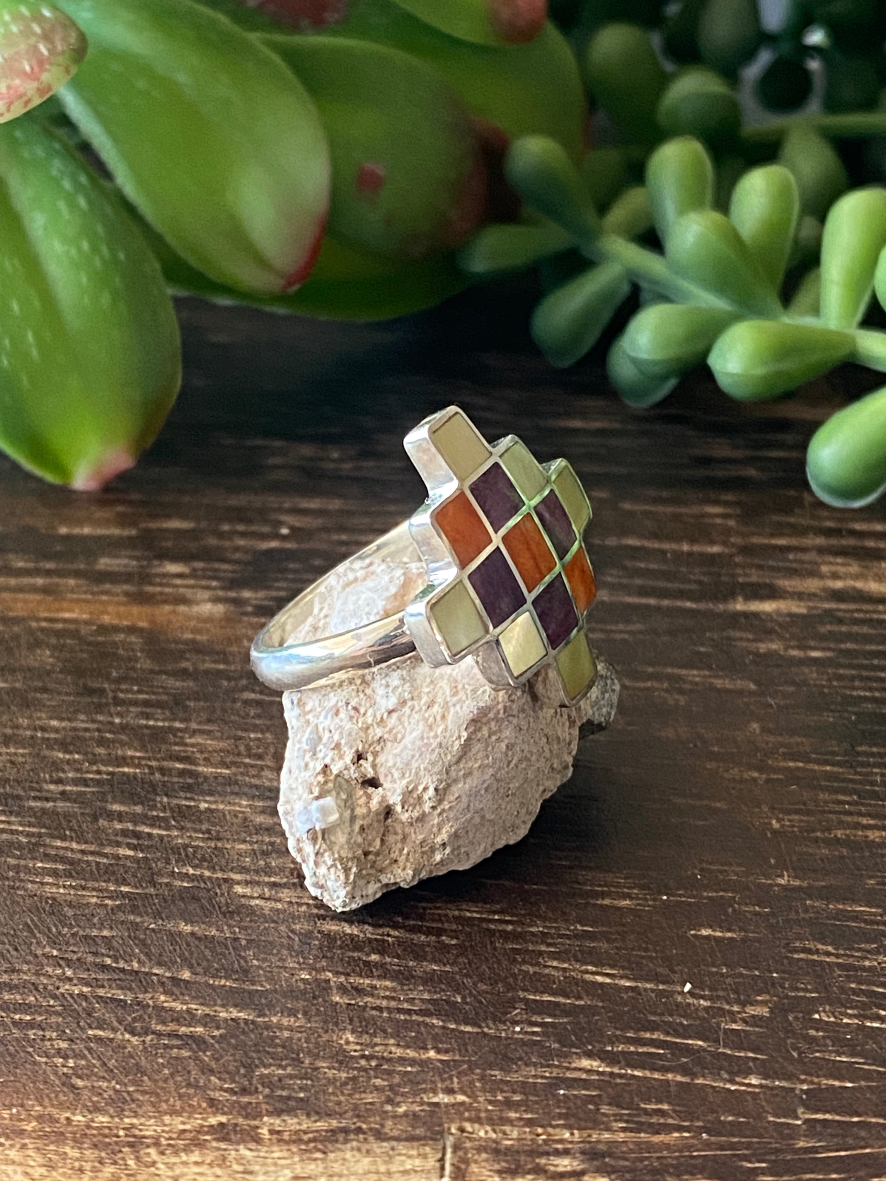 Southwest Handmade Multi Stone & Silver Inlay Adjustable Ring Size 7.5