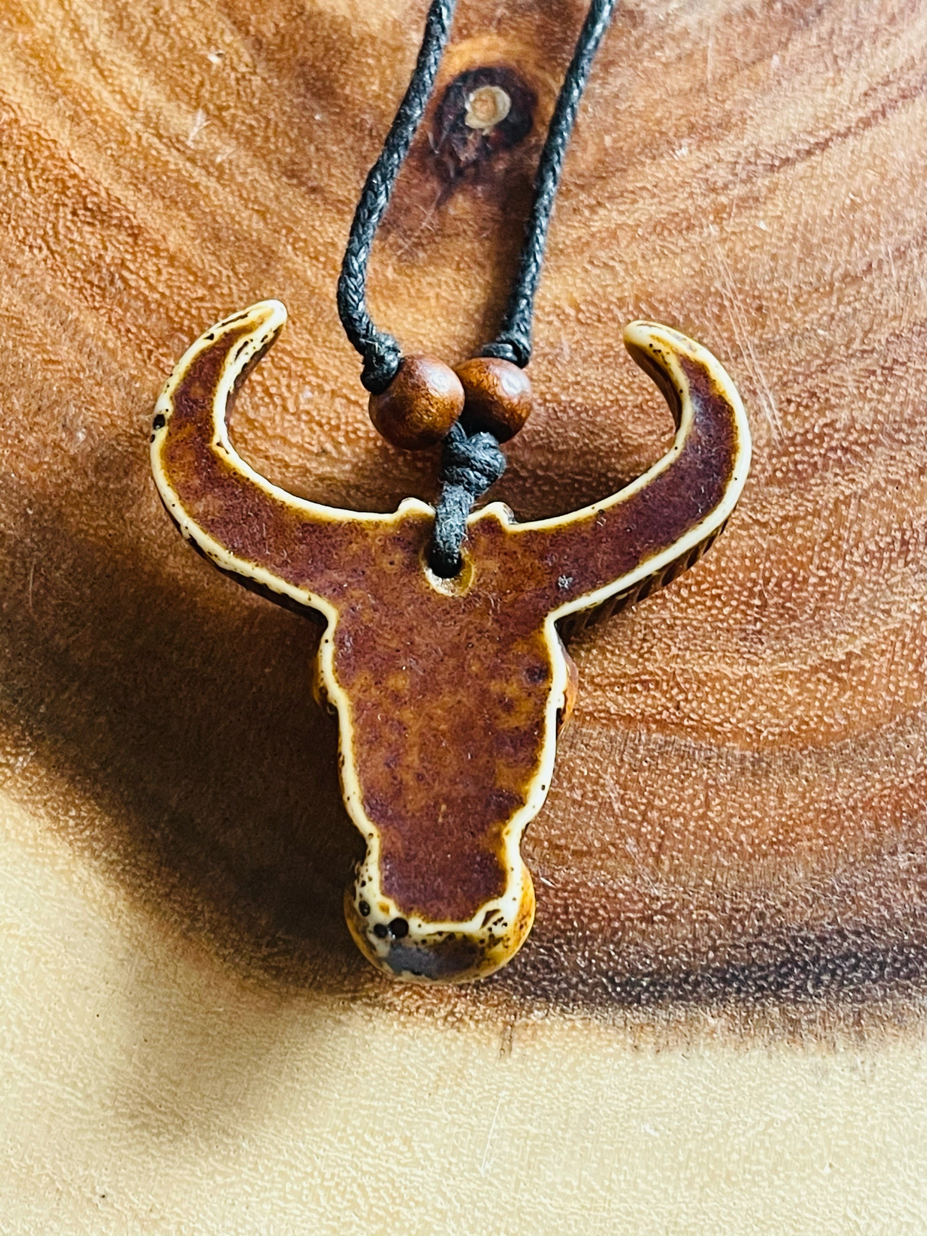 Handmade Wood Bull Pendant