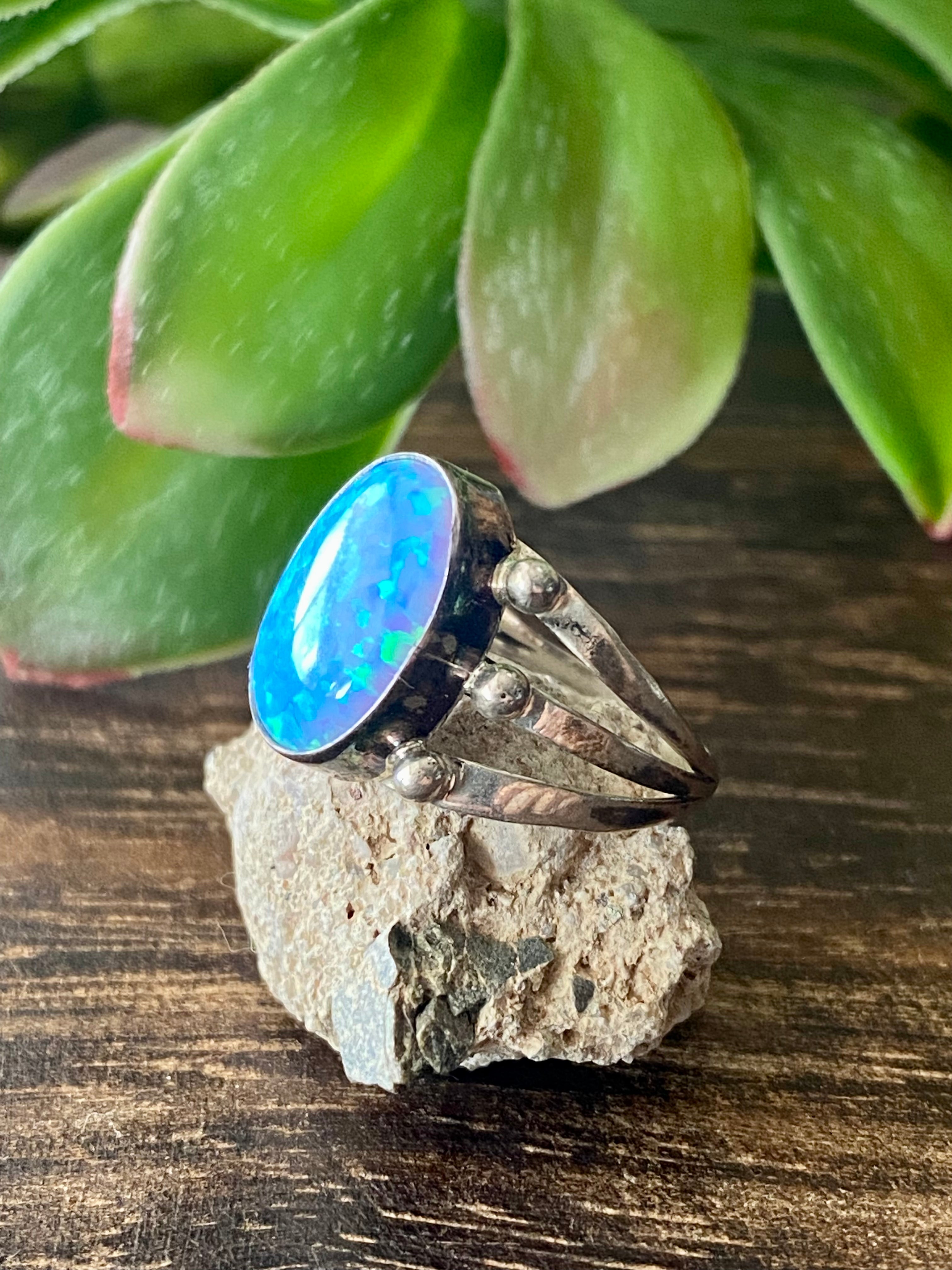 Navajo Made Blue Opal & Sterling Silver Ring Size 5.75