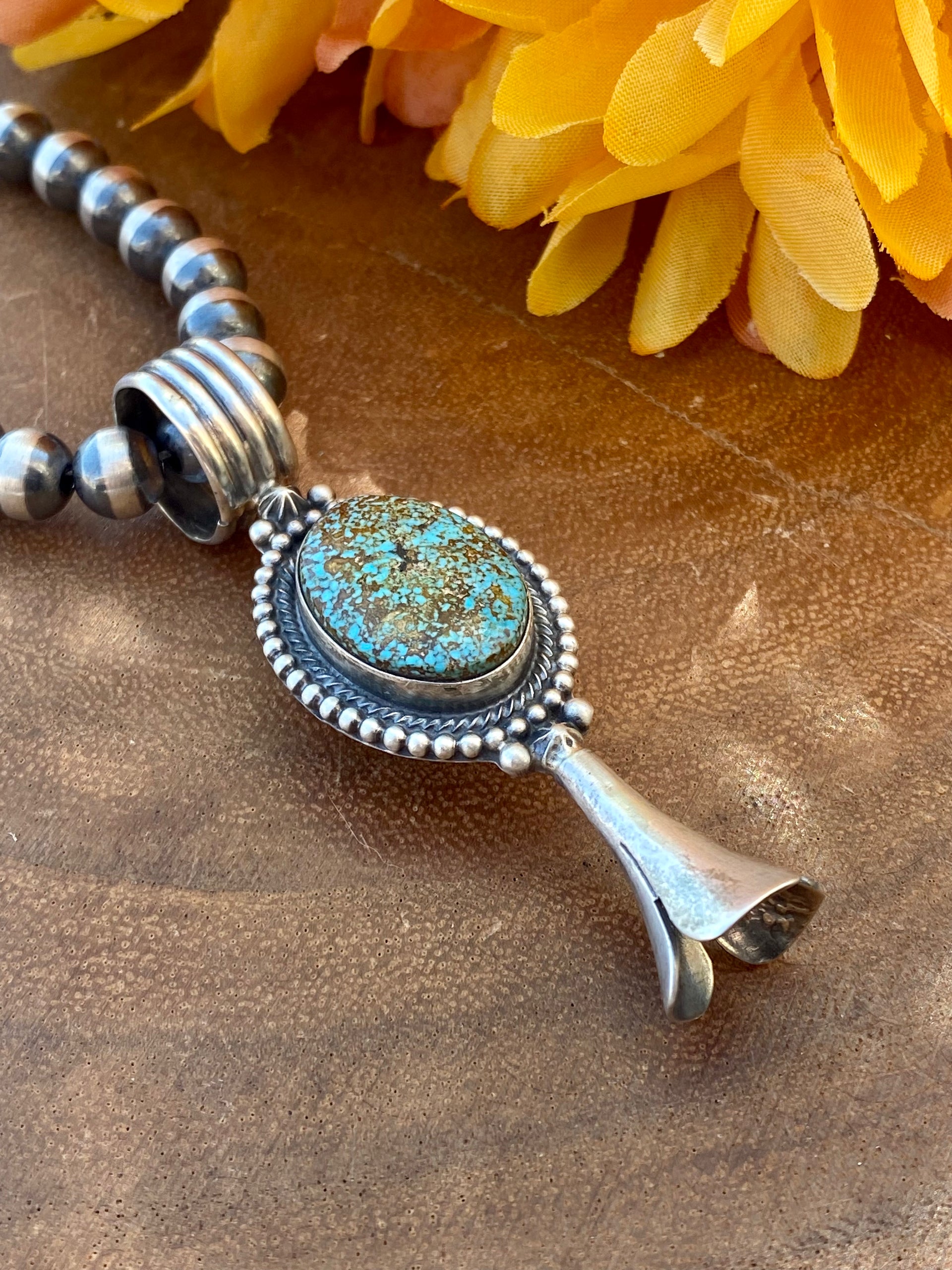 Navajo Made Turquoise Mountain Spiderweb Turquoise & Sterling Silver Blossom Pendant