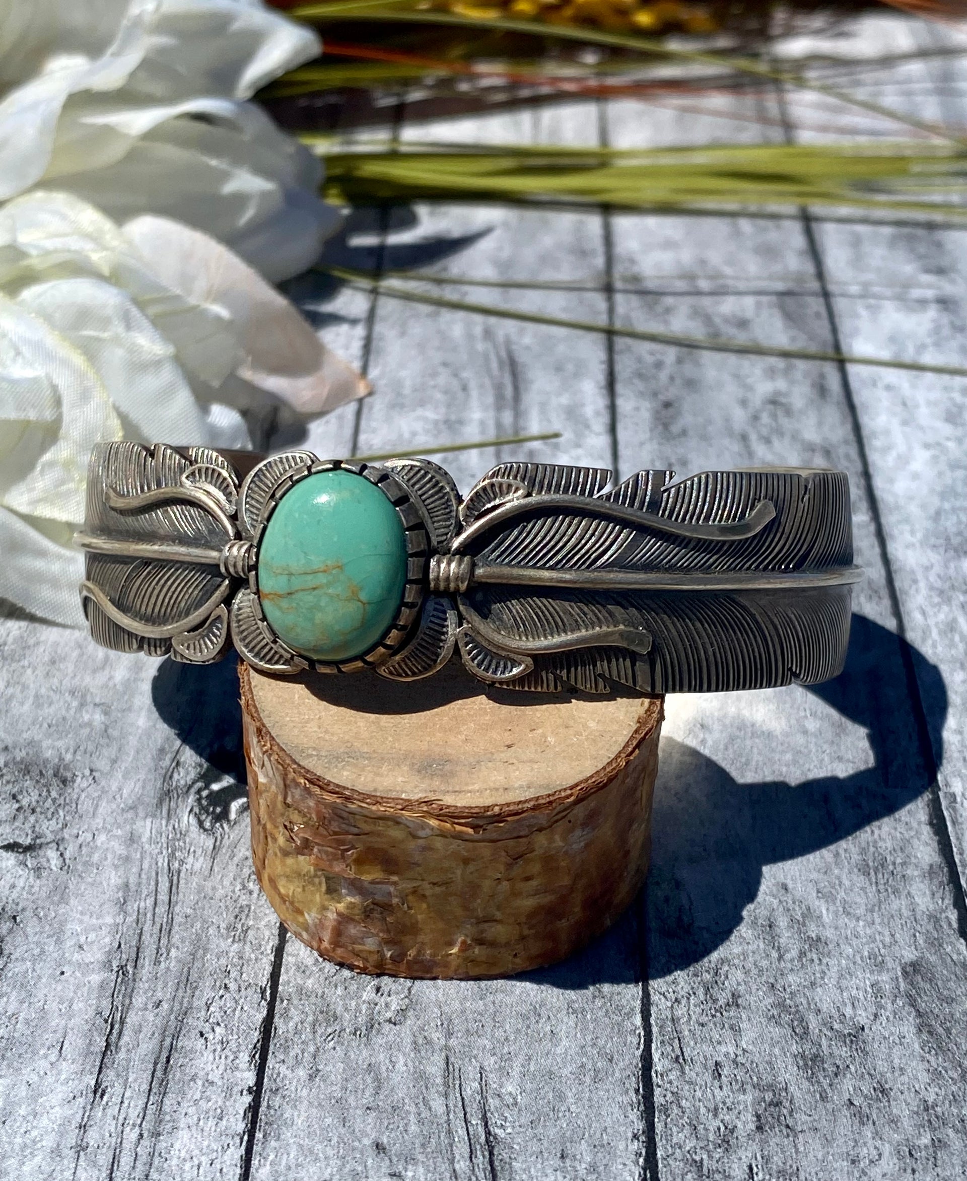Jimmy Lee Navajo Made Kingman Turquoise & Sterling Silver Feather Cuff Bracelet