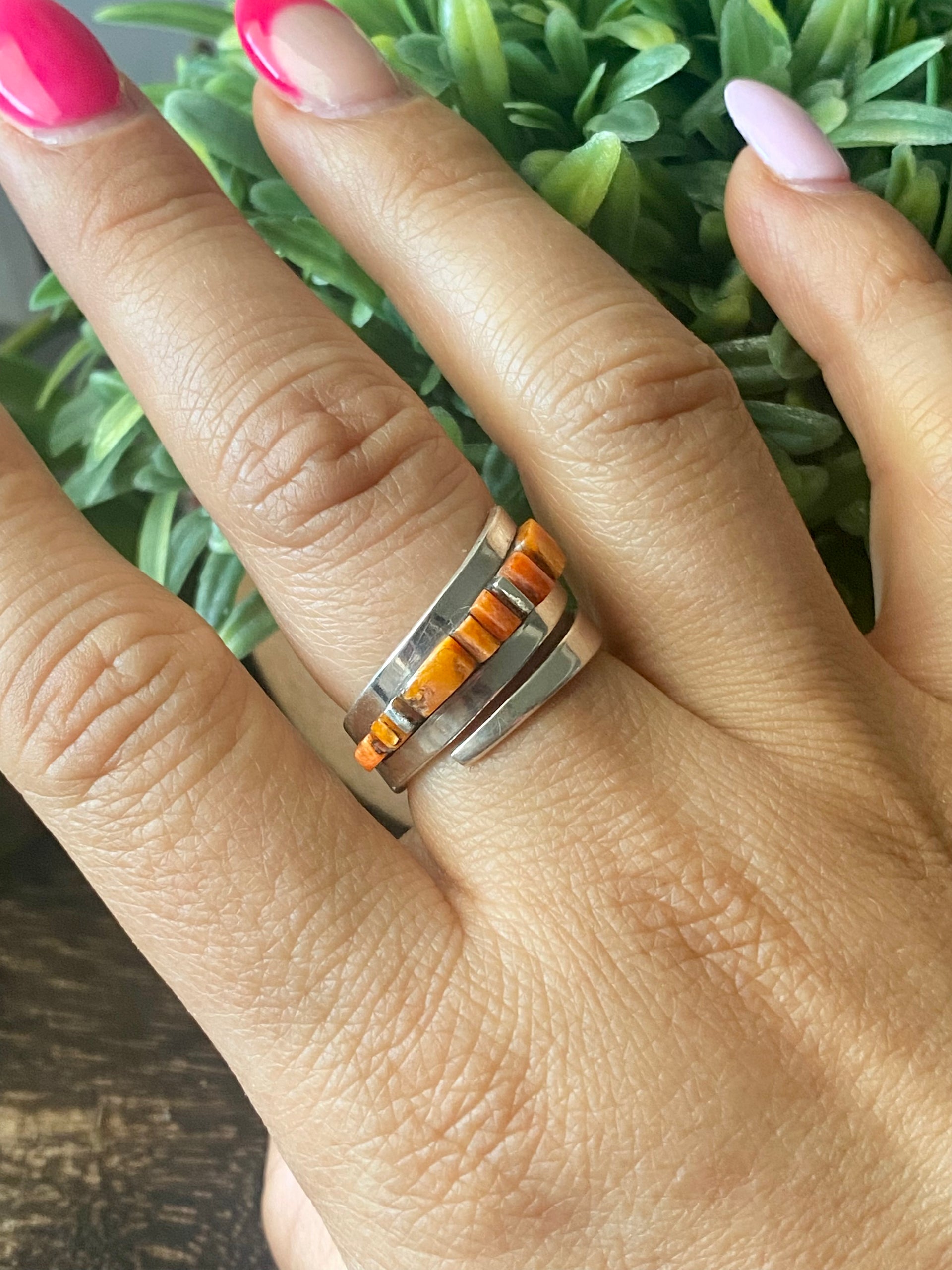 Patricia & Ed Becenti Spiny Oyster & Sterling Silver Cobblestone Adjustable Ring Size 8.5