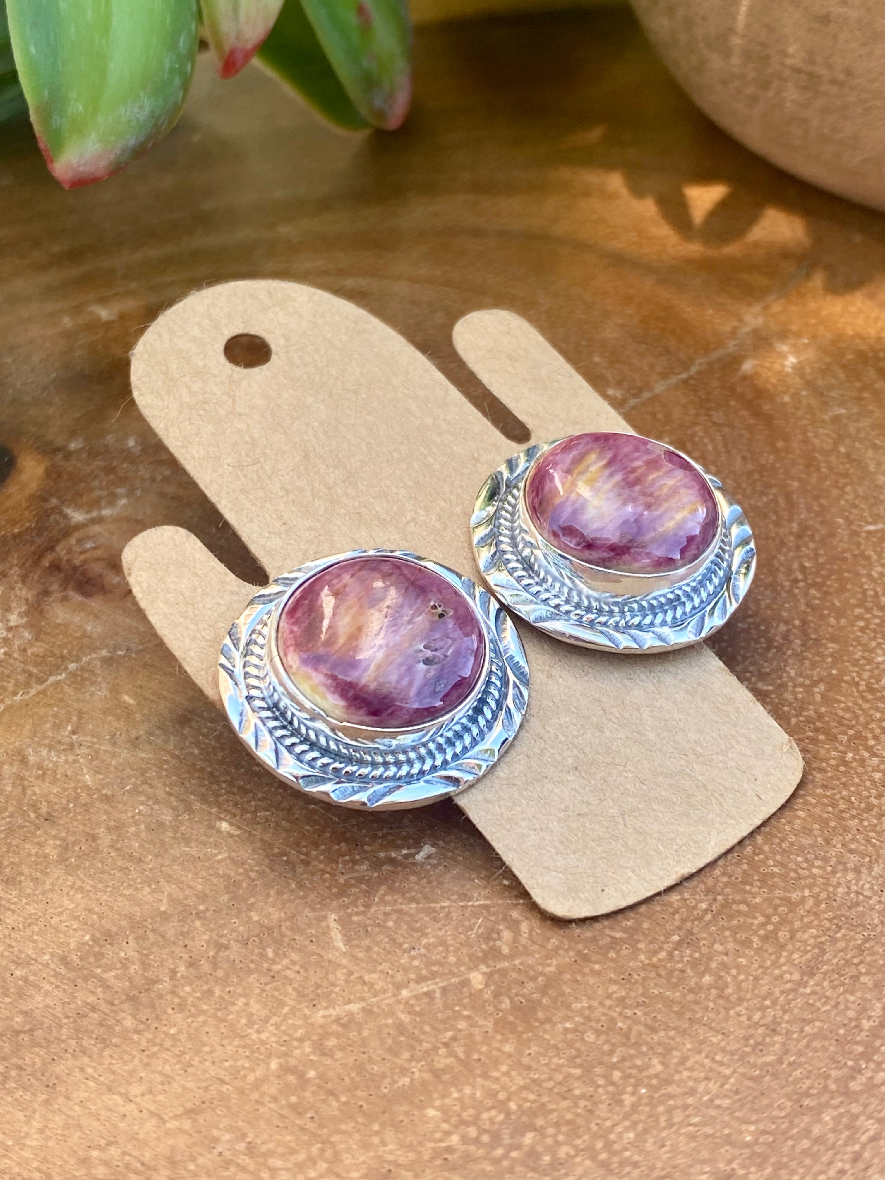 Navajo Made Purple Spiny Oyster & Sterling Silver Post Earrings