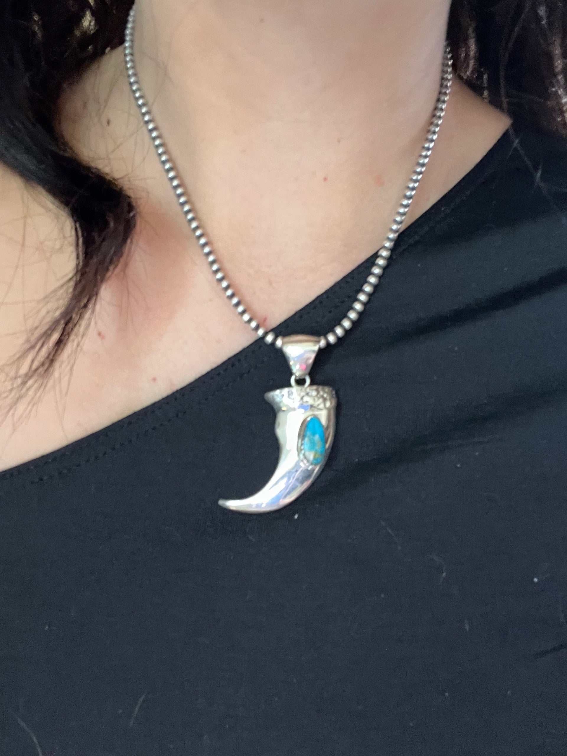 Navajo Made Kingman Turquoise & Sterling Silver Claw Pendant