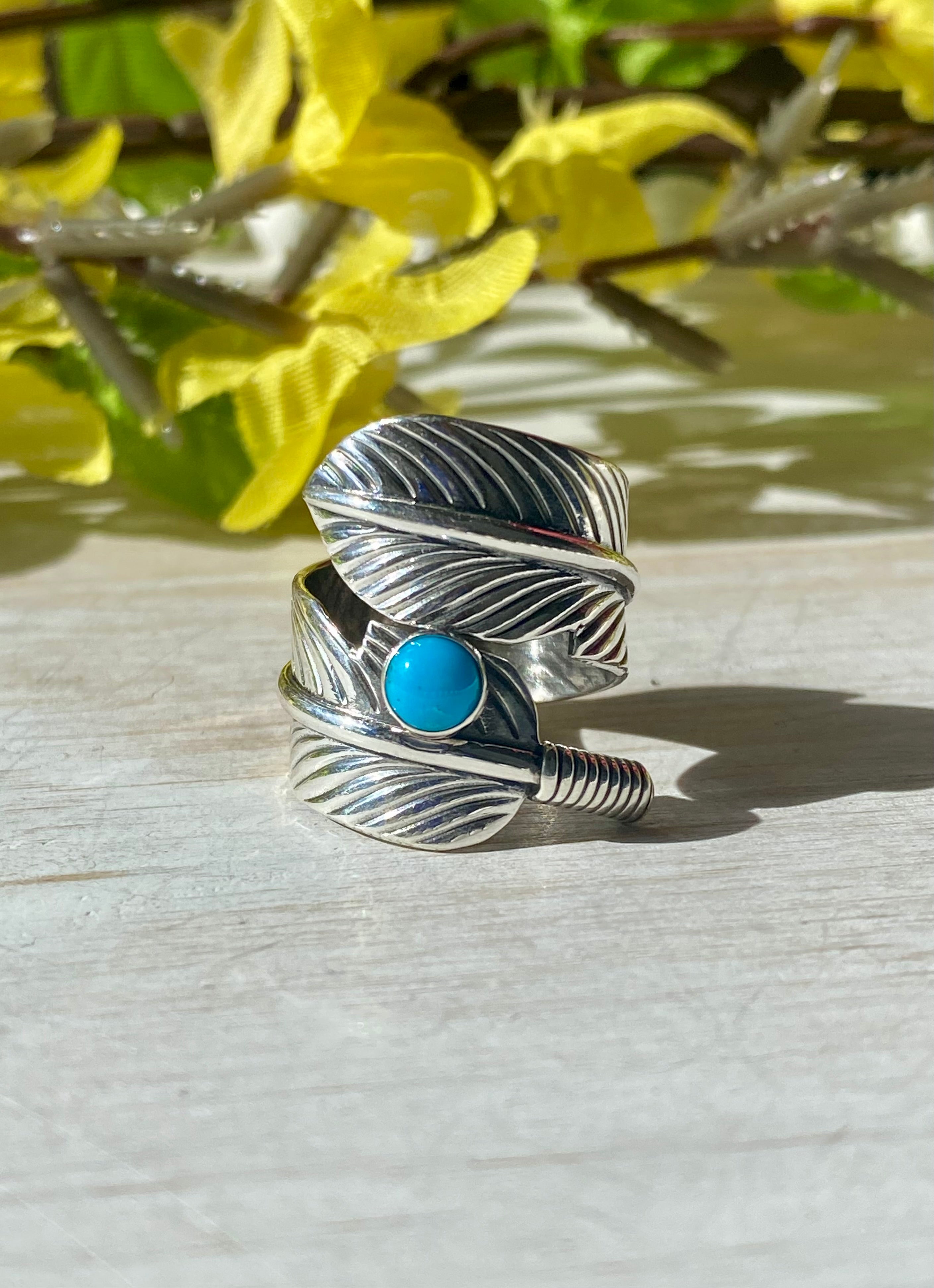 Navajo Made Kingman Turquoise & Sterling Silver Feather Ring Size Adjustable
