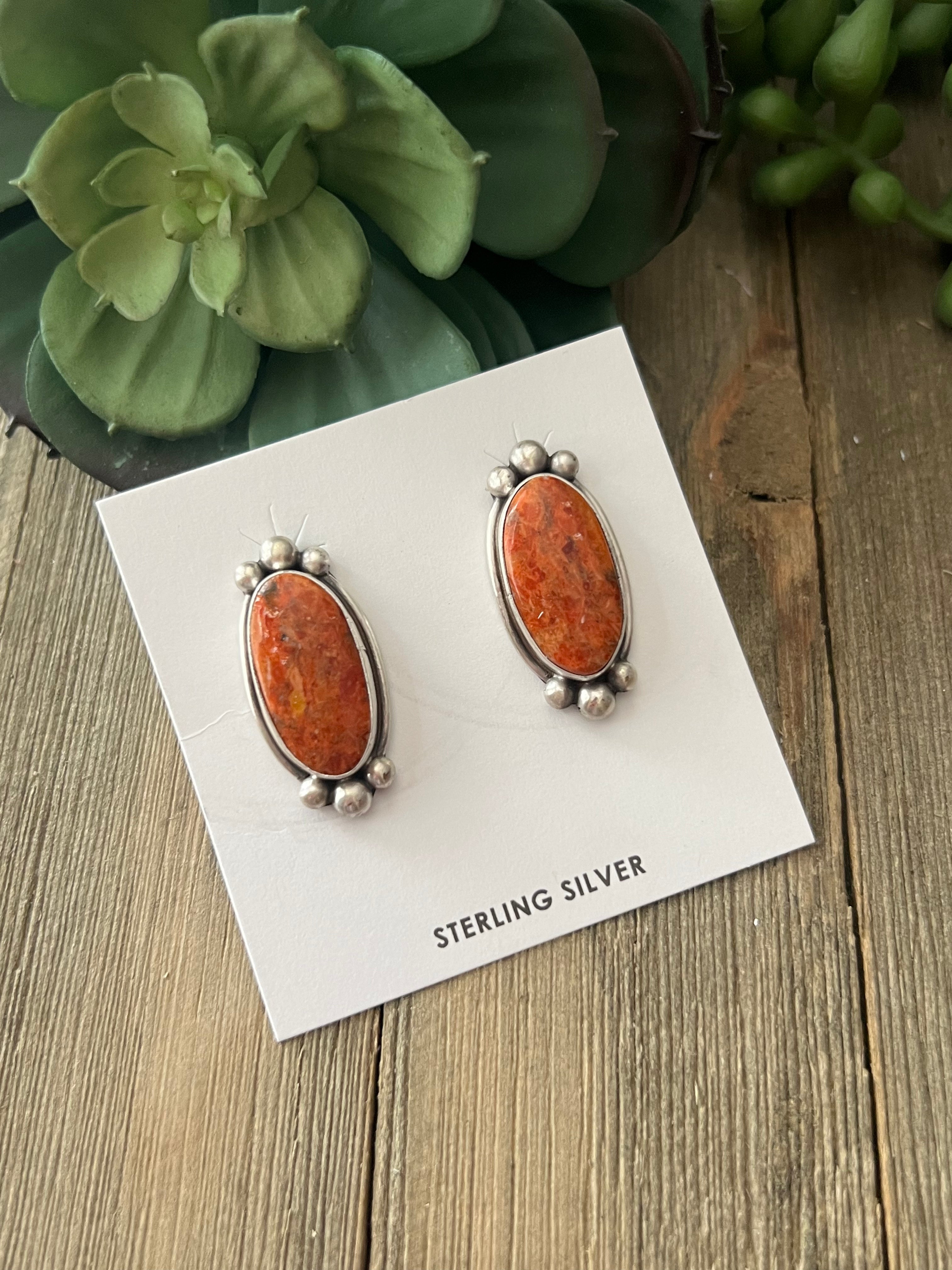 Navajo Made Apple Coral & Sterling Silver Post Earrings