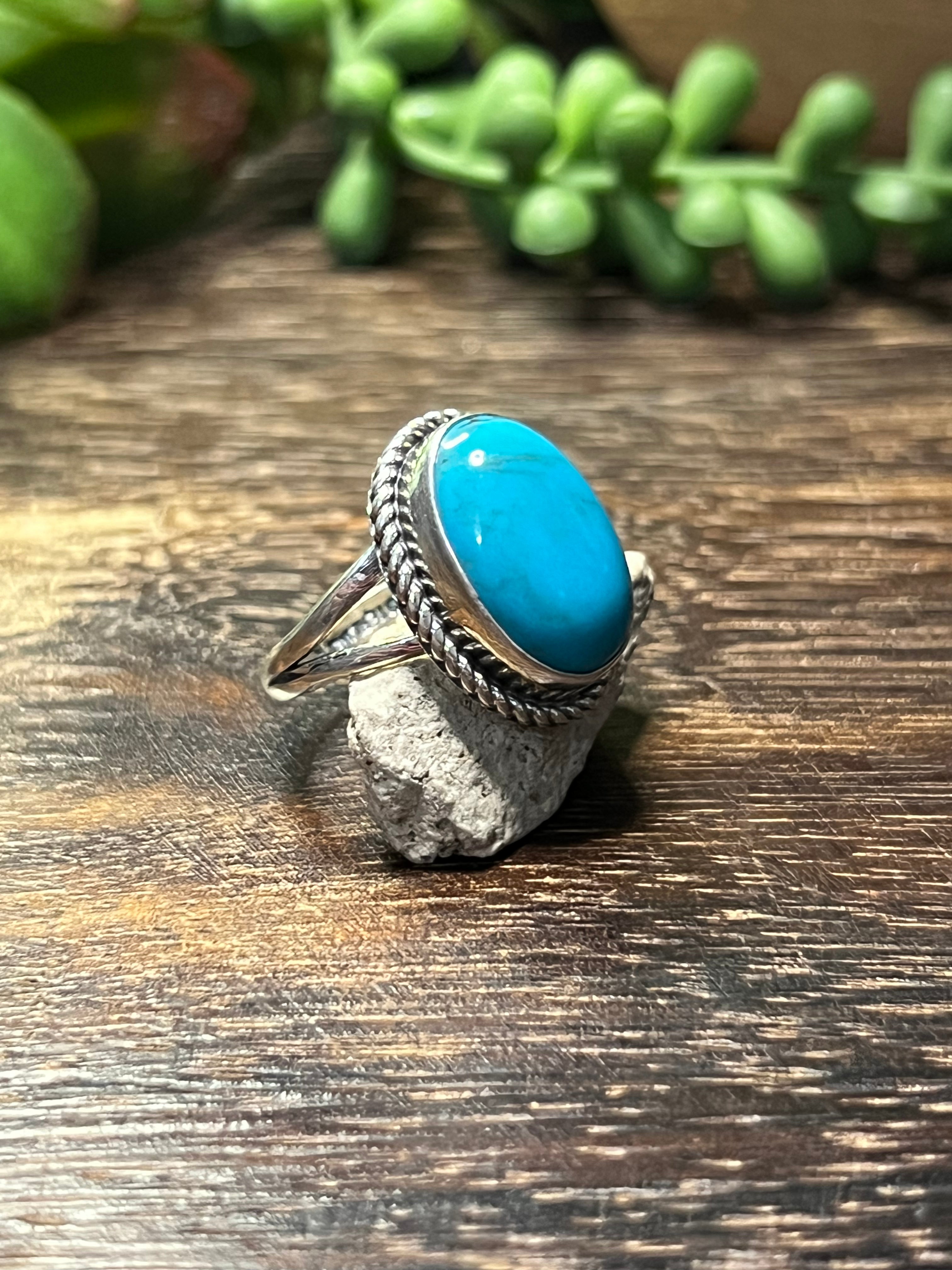 Eli Skeets Kingman Turquoise & Sterling Silver Ring Size 8.25