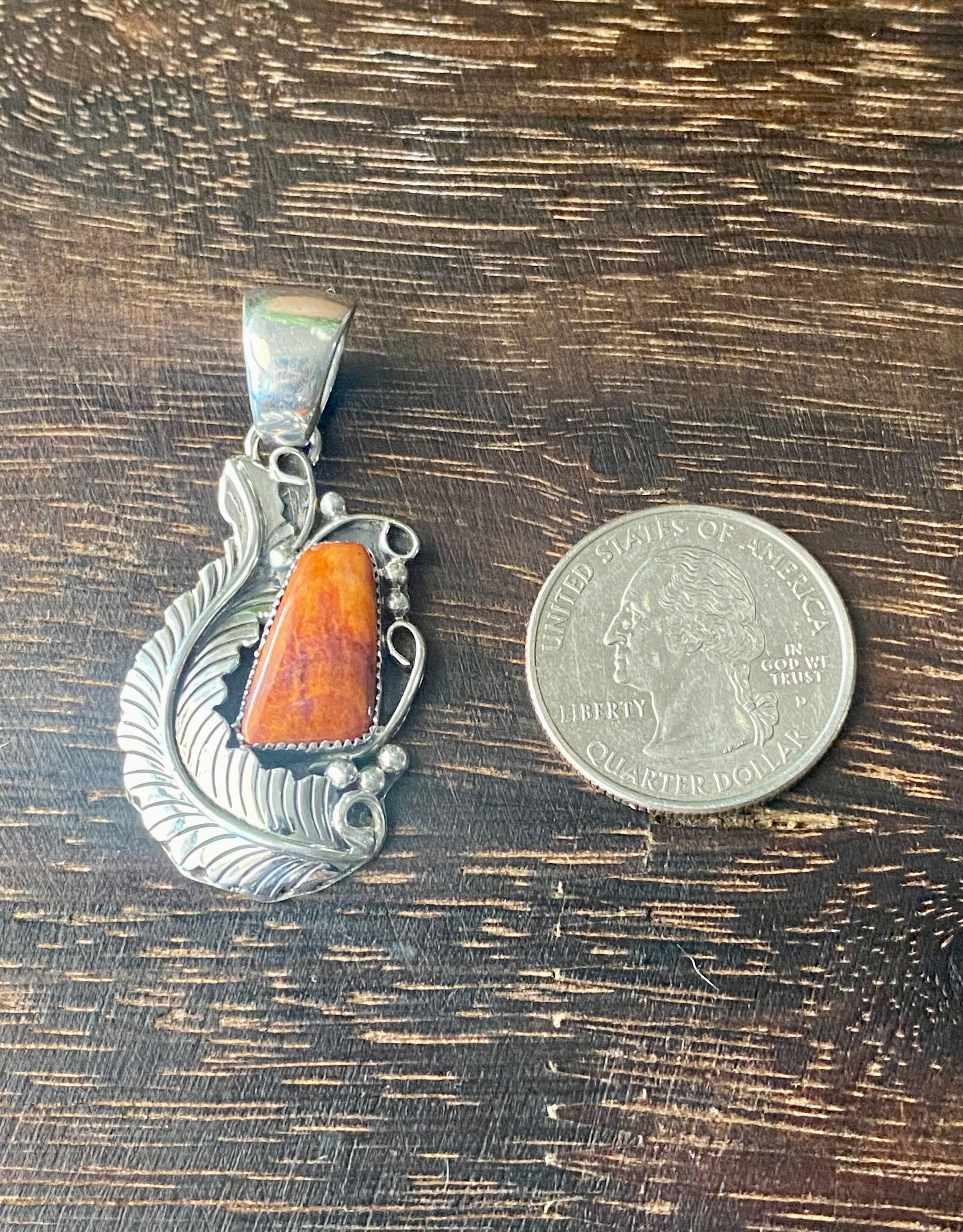 Navajo Made Spiny Oys & Sterling Silver Feather Pendant