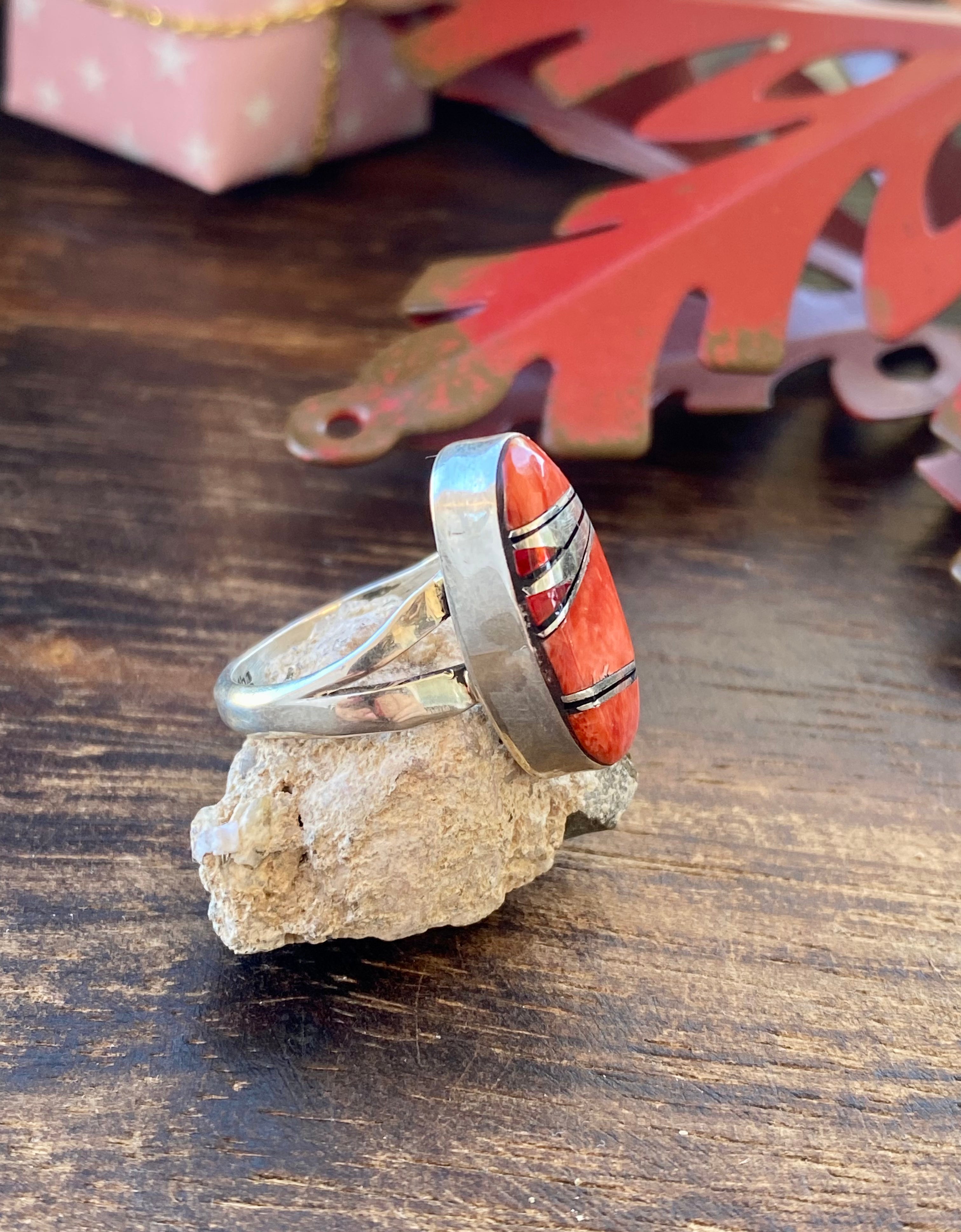 Navajo Made Multi Stone & Sterling Silver Inlay Ring Size 7