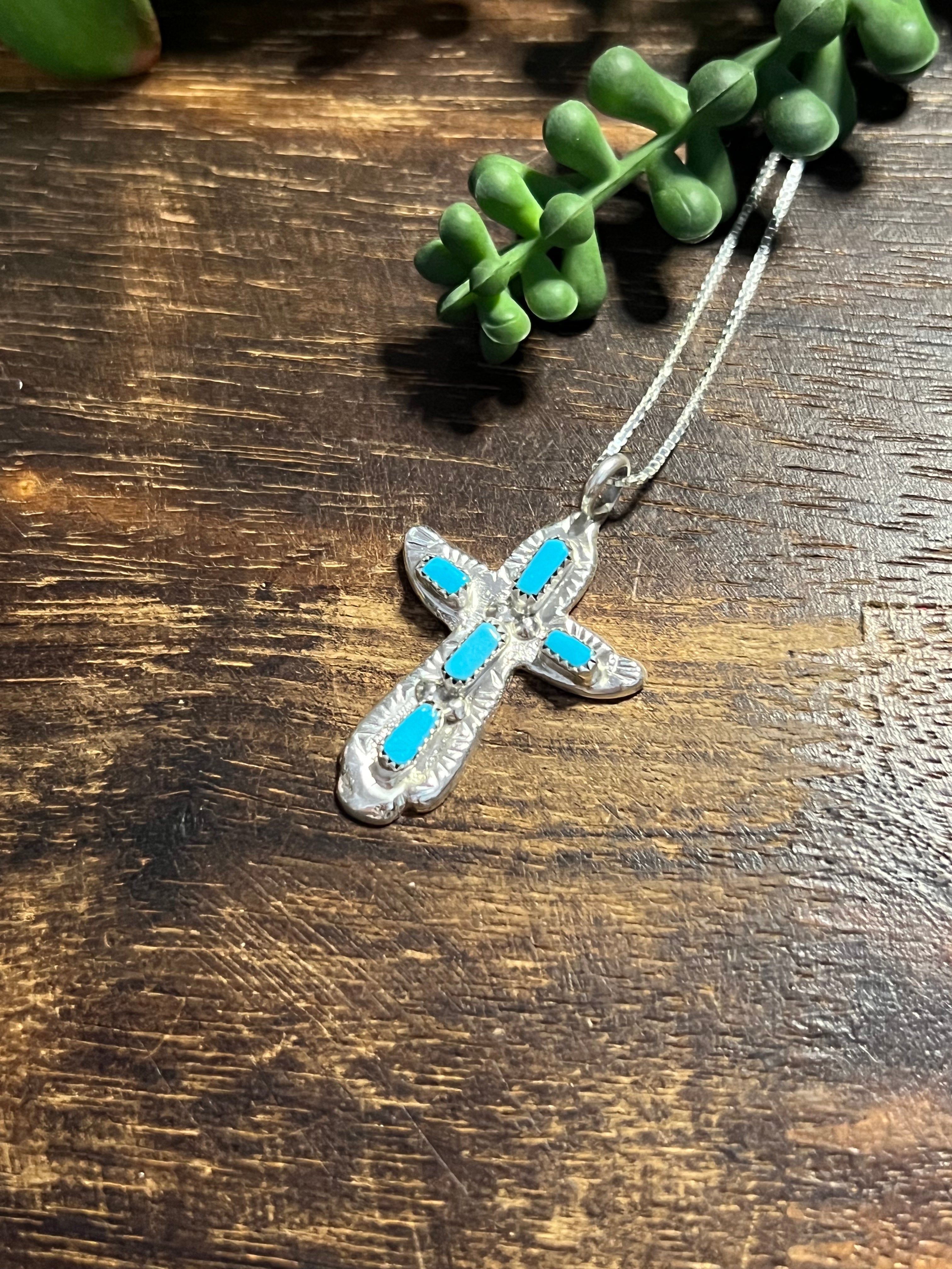 Zuni Made Turquoise & Sterling Silver Cross Pendant