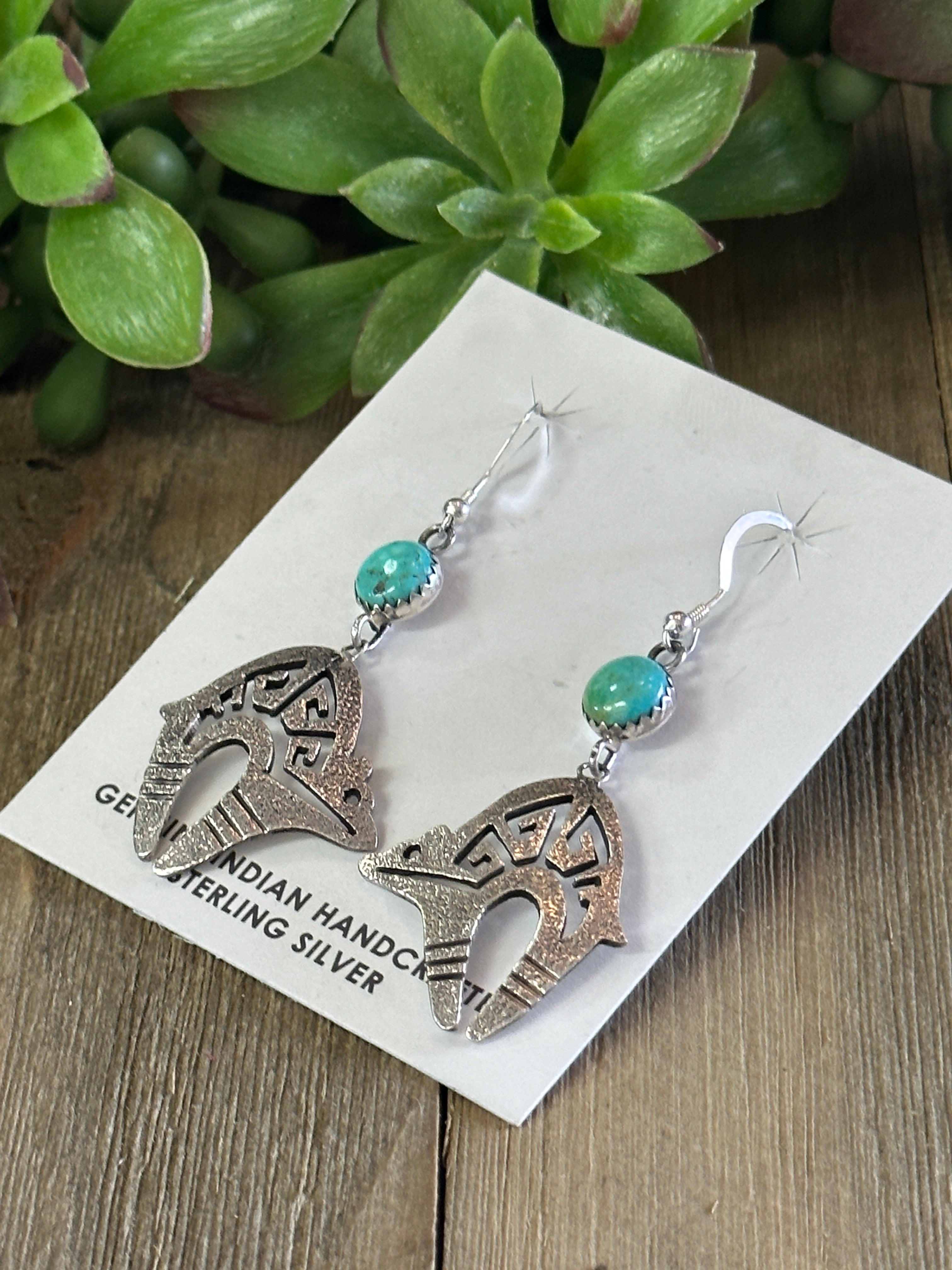 Navajo Made Kingman Turquoise & Sterling Silver Bear Dangle Earrings