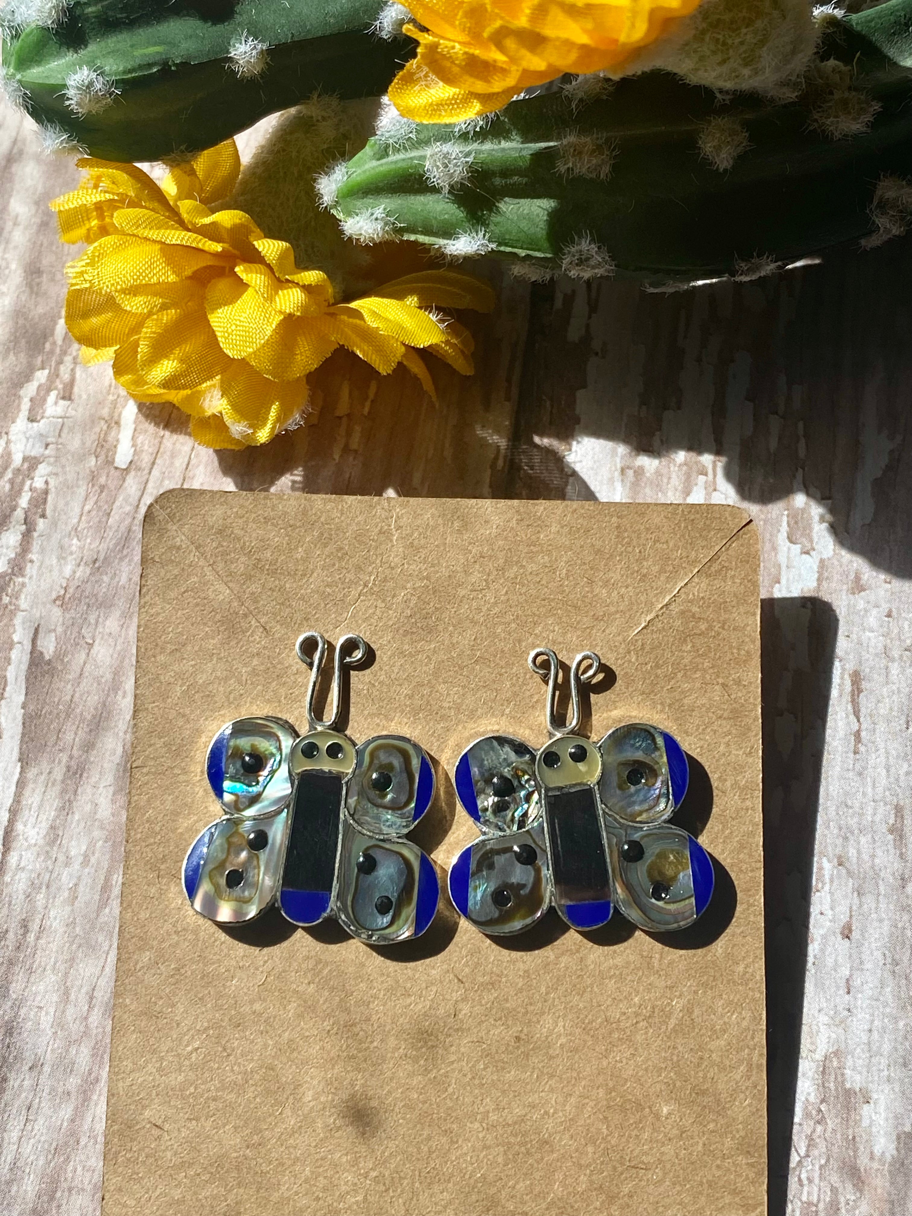 Zuni Made Multi Stone & Sterling Silver Inlay Butterfly Post Earrings