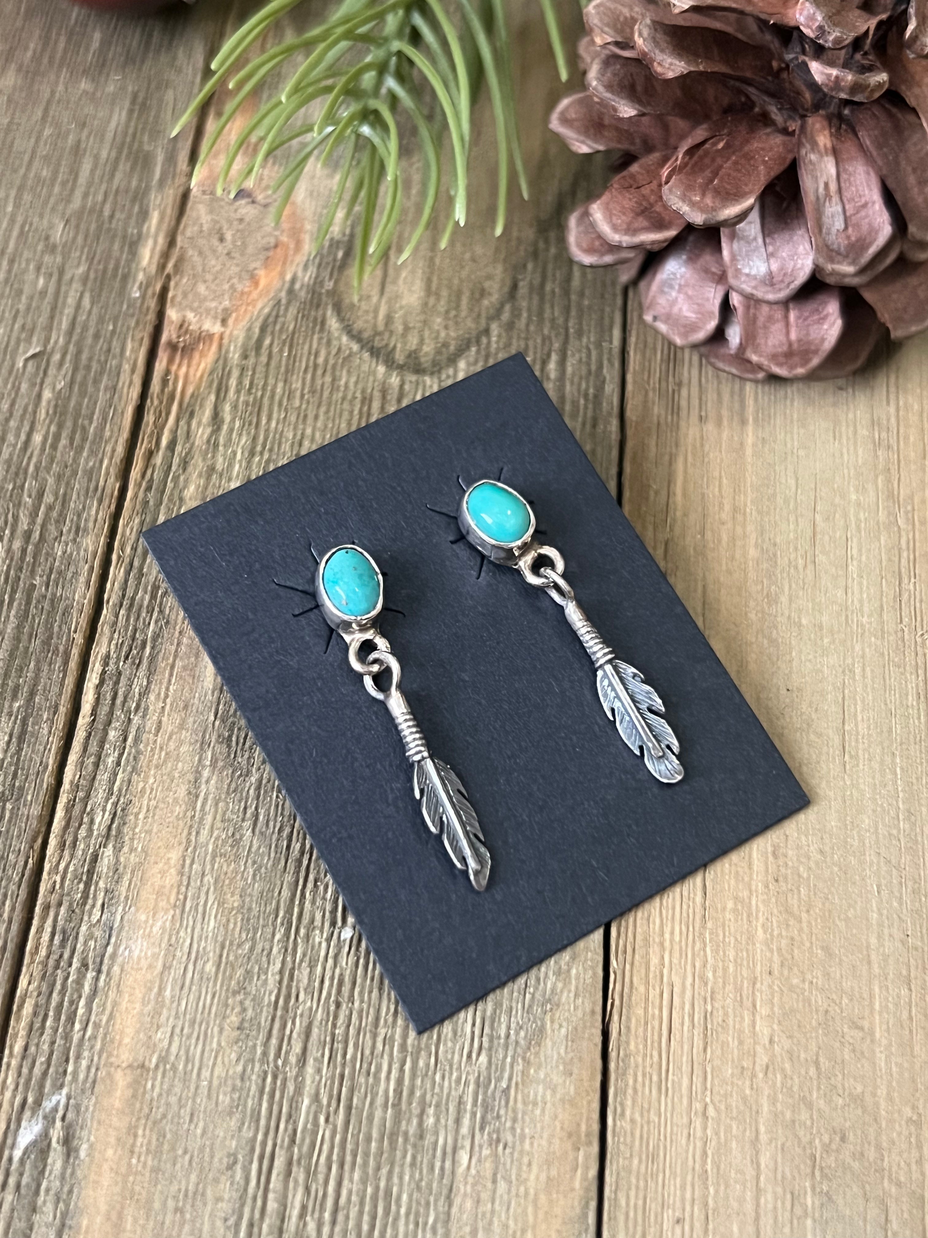 Navajo Made Kingman Turquoise & Sterling Silver Post Dangle Earrings