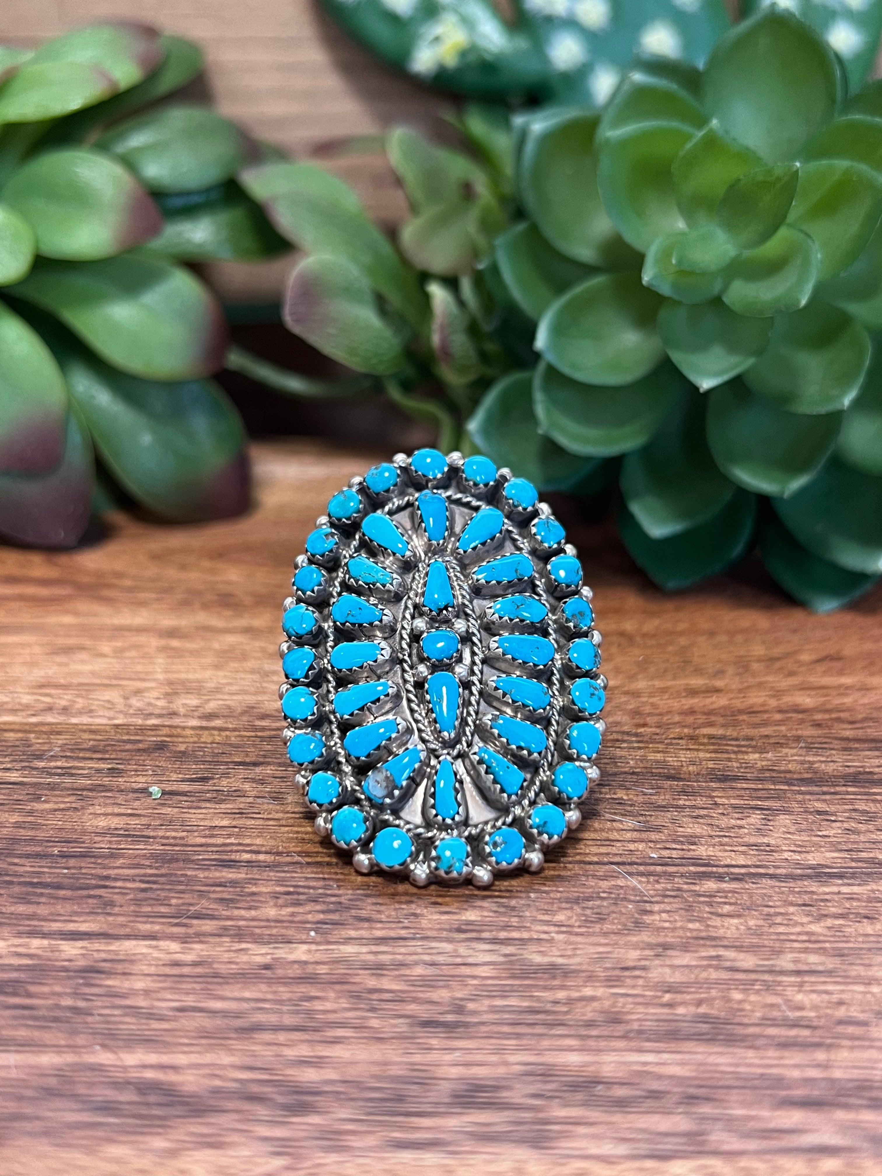 Zuni Turquoise & Sterling Silver Cluster Ring Size 9