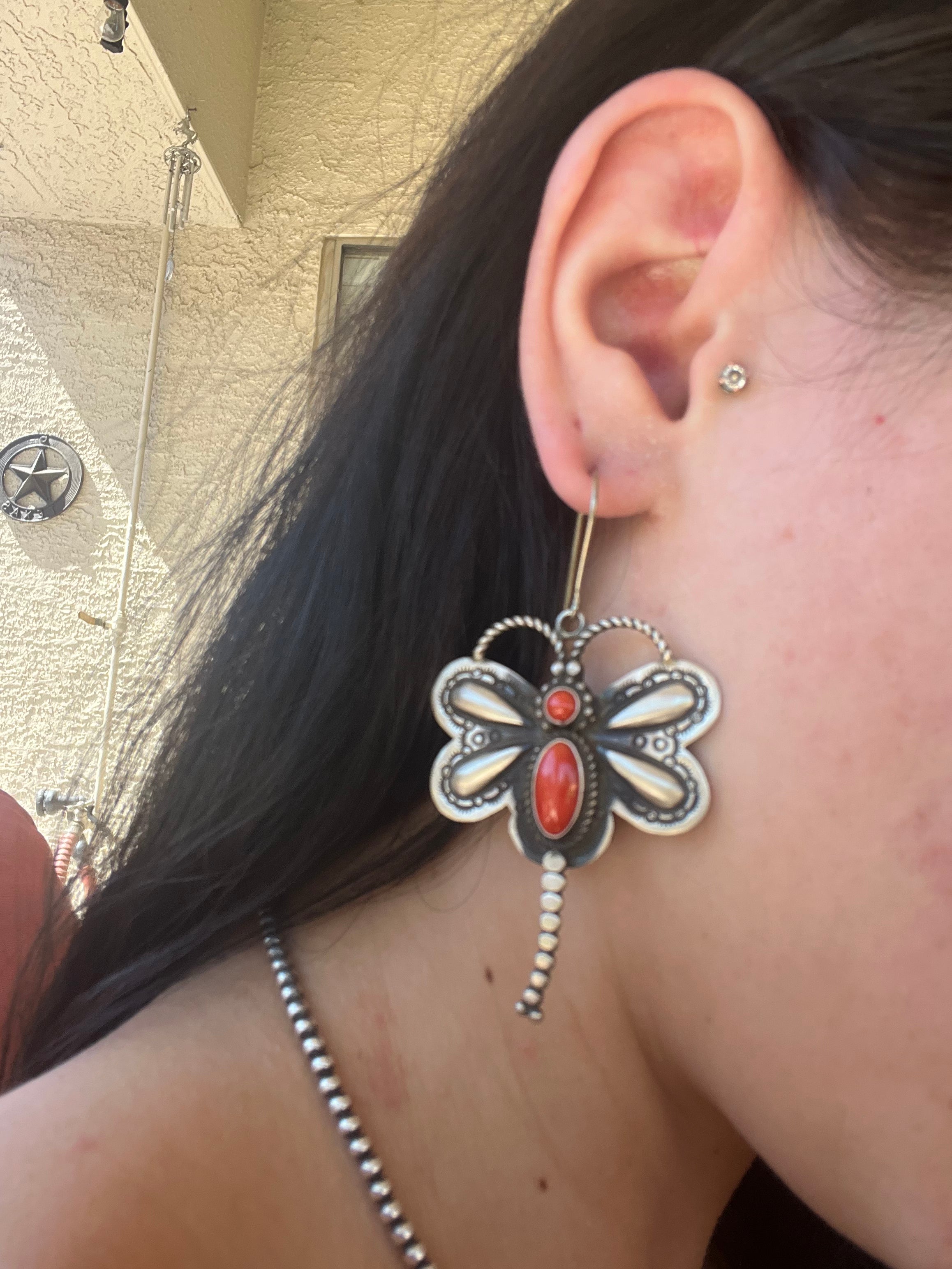 Vintage Navajo Natural Coral & Sterling Silver Dragonfly Dangle Earrings