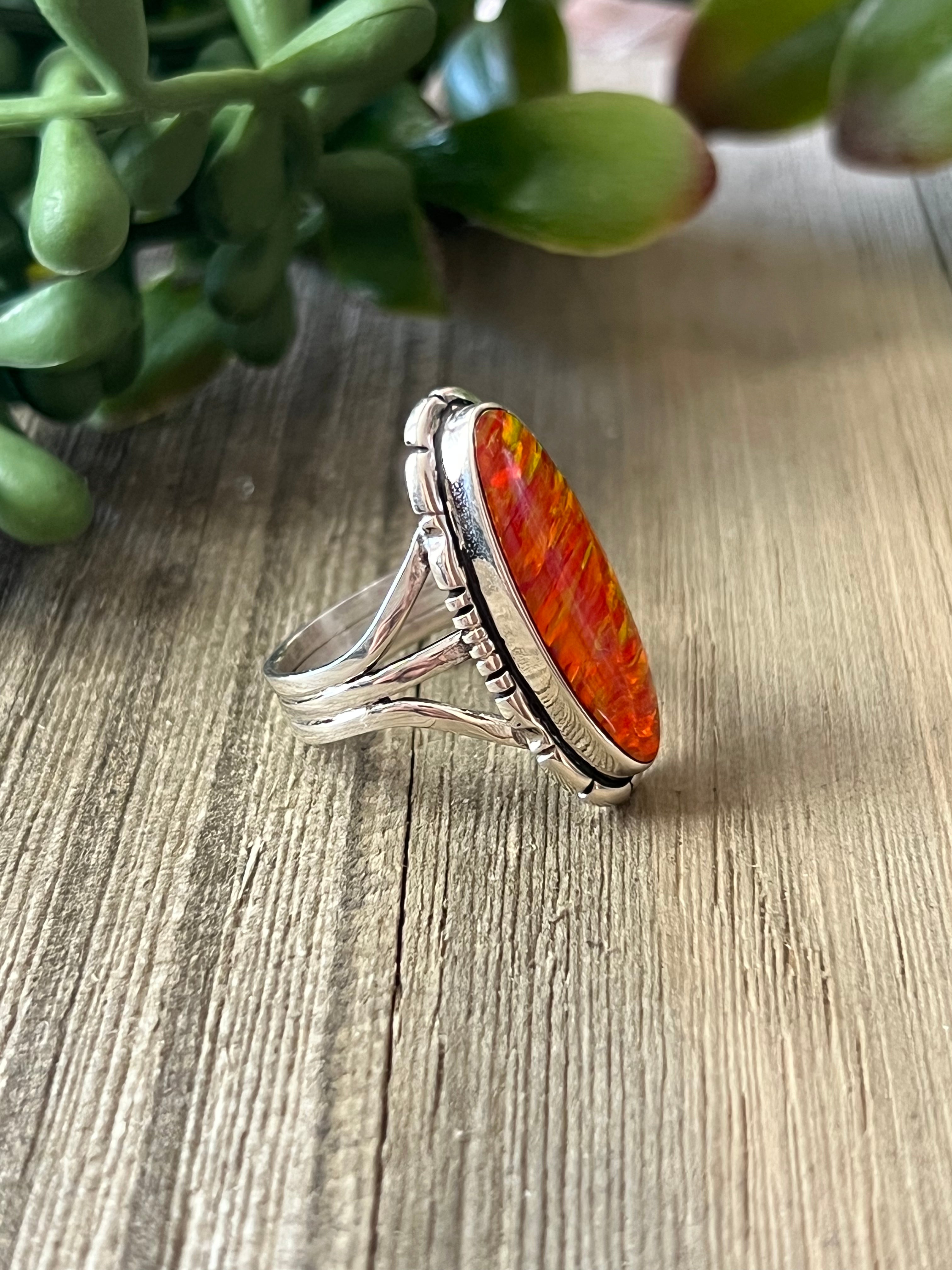Navajo Made Orange Opal (Man Made) & Sterling Silver Ring Size 9