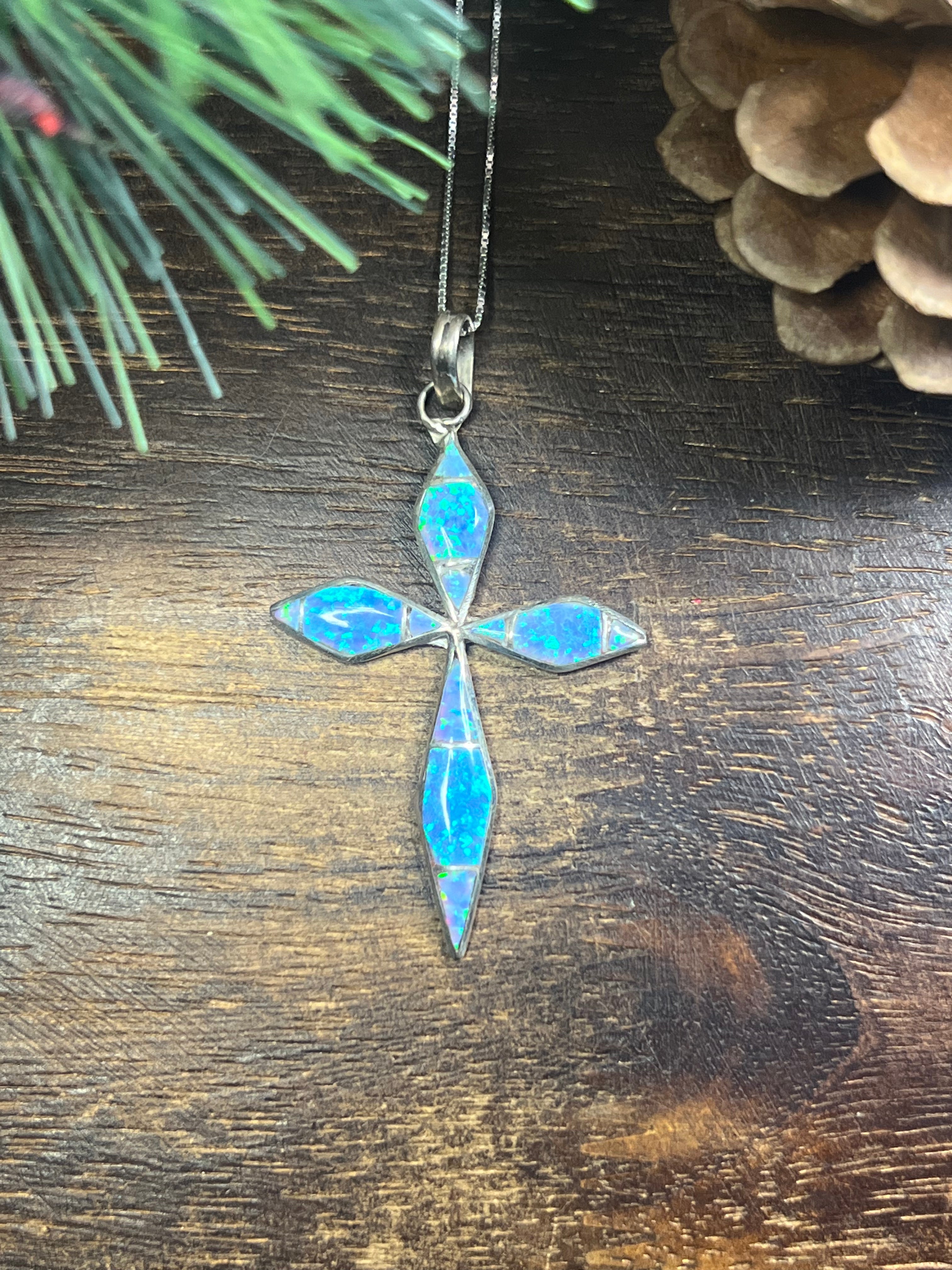 Zuni Made Opal (Man Made) & Sterling Silver Cross Inlay Pendant