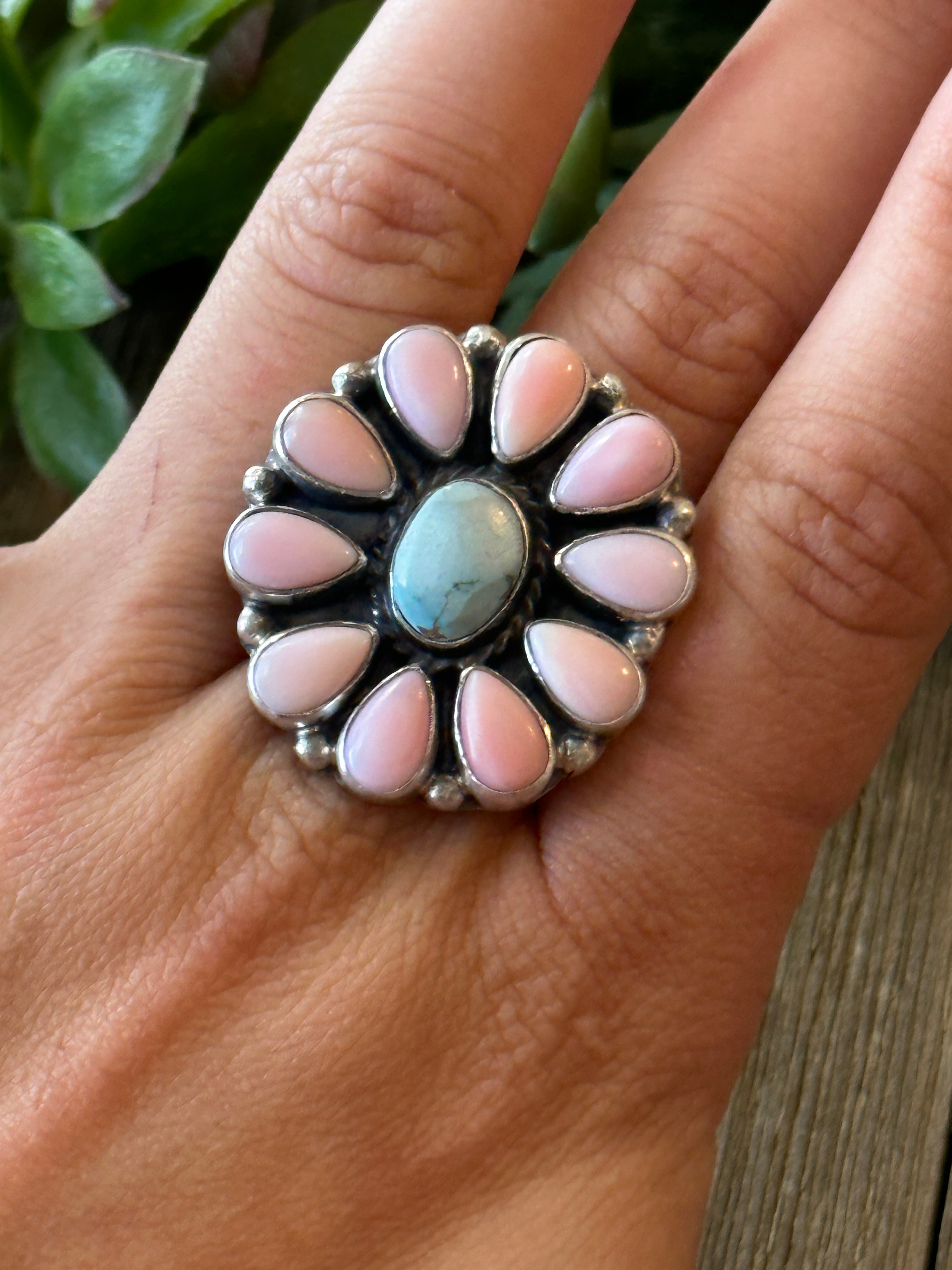 Navajo Made Golden Hill & Pink Conch & Sterling Silver Adjustable Cluster Ring