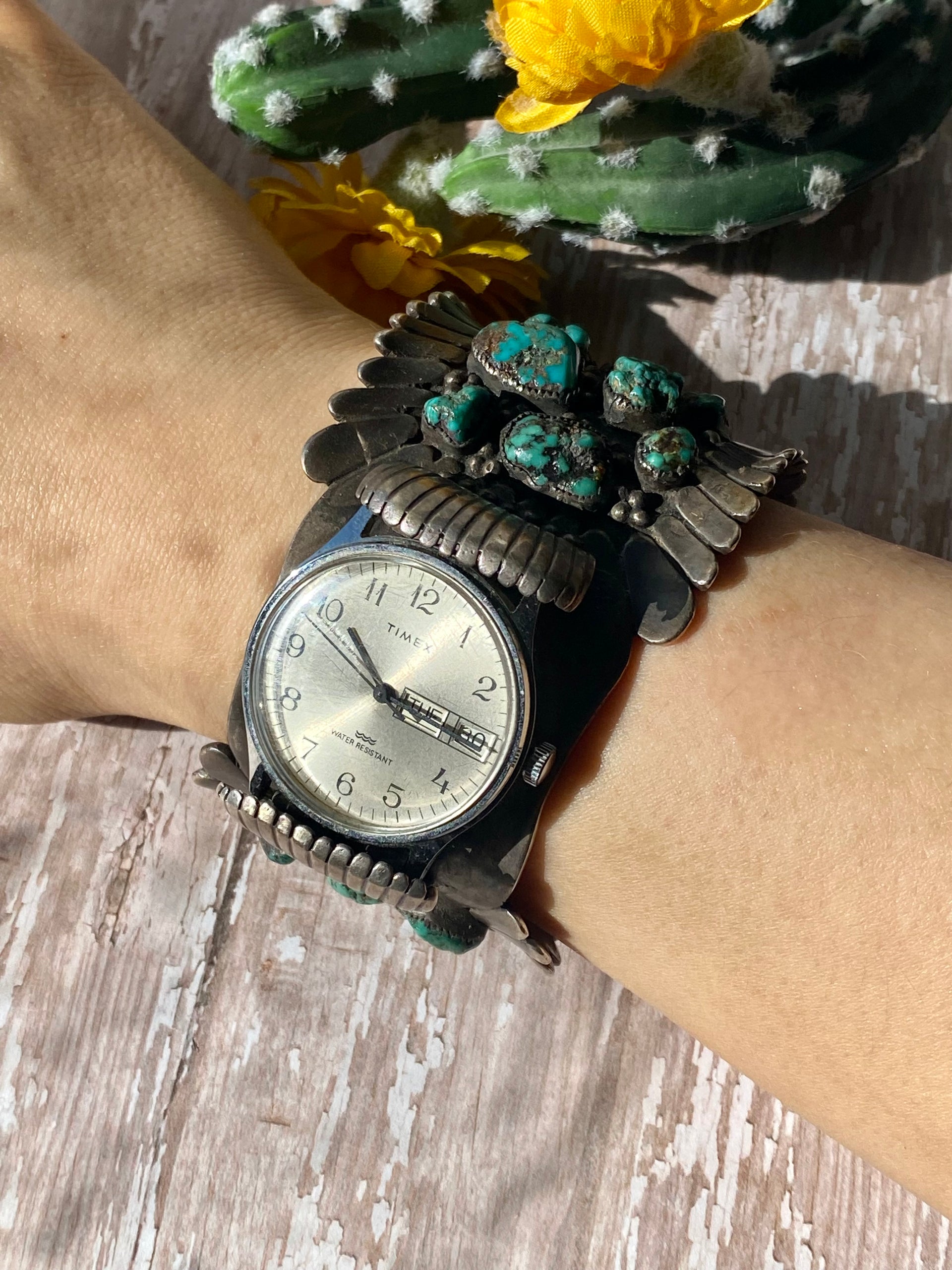 Vintage Arthur J Williams Turquoise & Sterling Silver Watch Cuff Bracelet