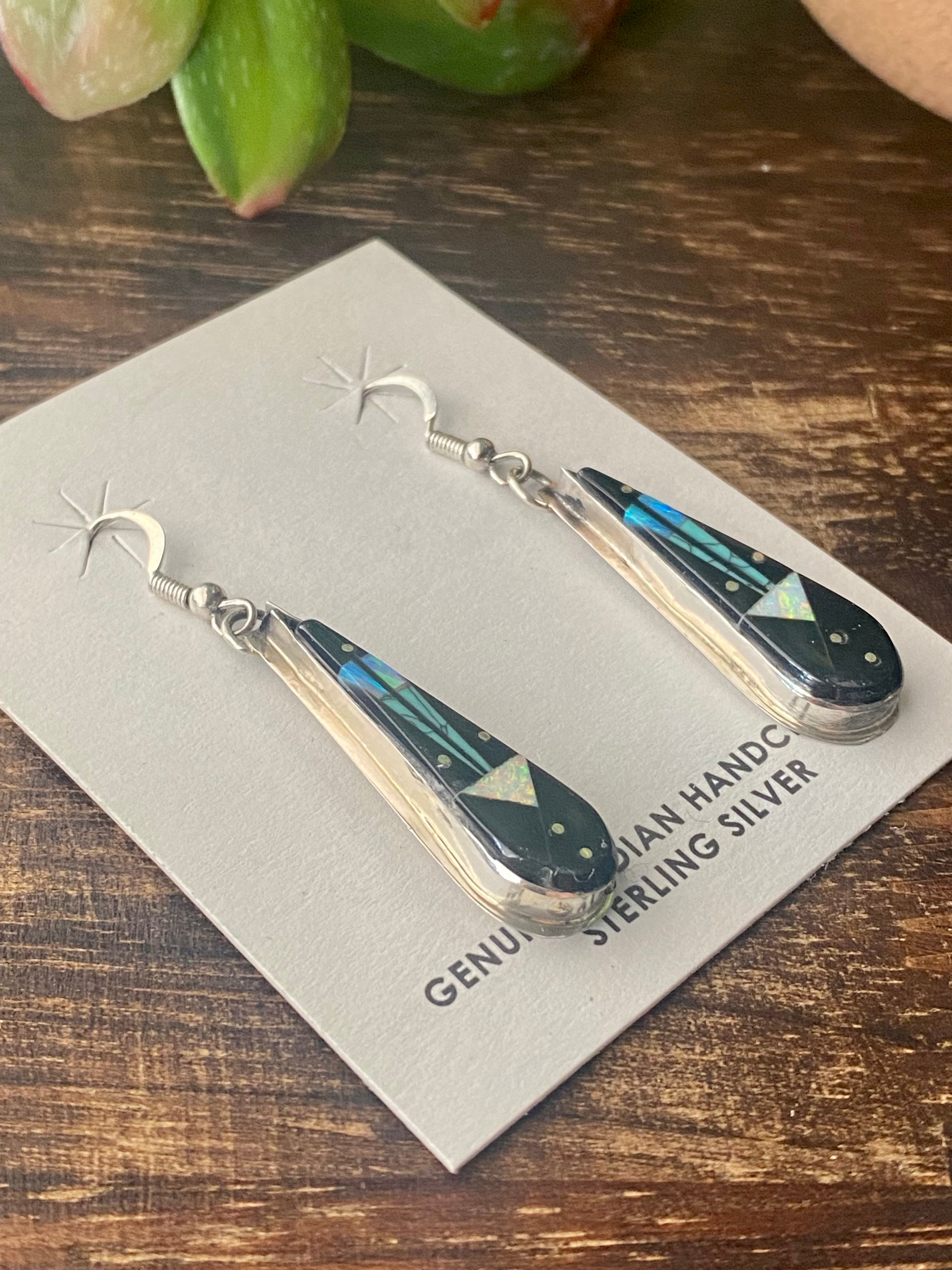 Gilbert Smith Multi Stone & Sterling Silver Inlay Dangle Earrings