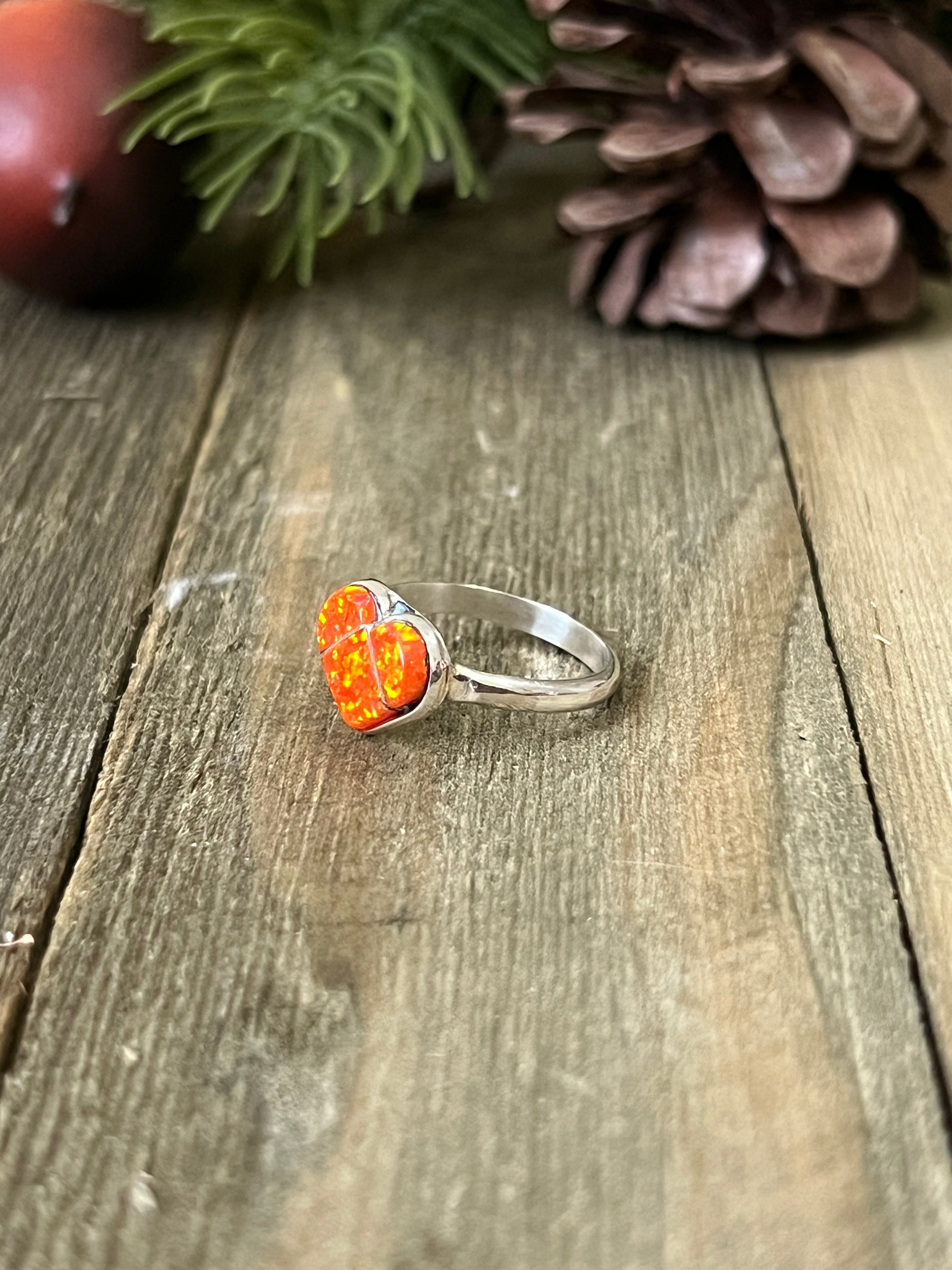 Zuni Made Orange Opal (Man Made) & Sterling Silver Ring