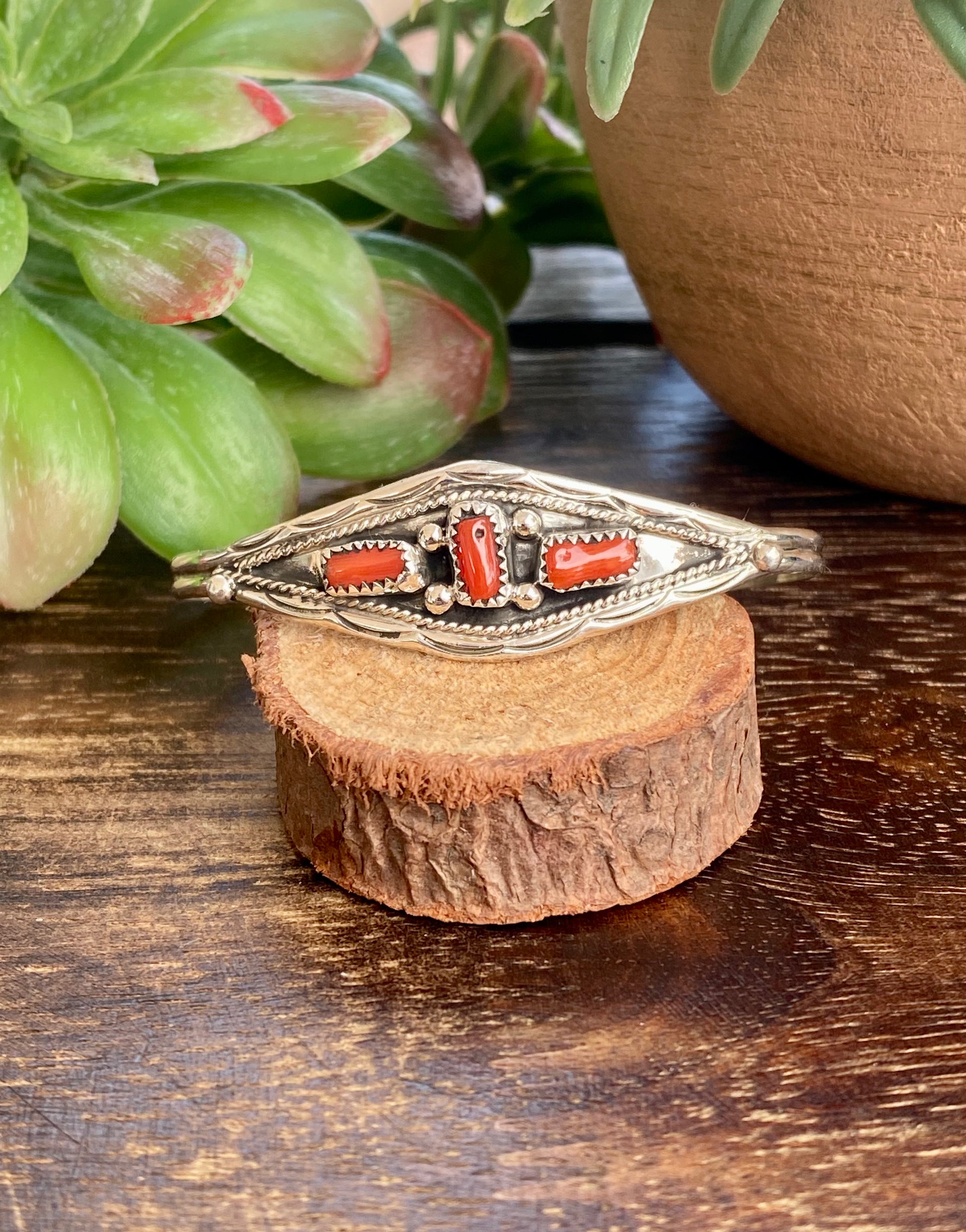 Navajo Made Coral & Sterling Silver Cuff Bracelet