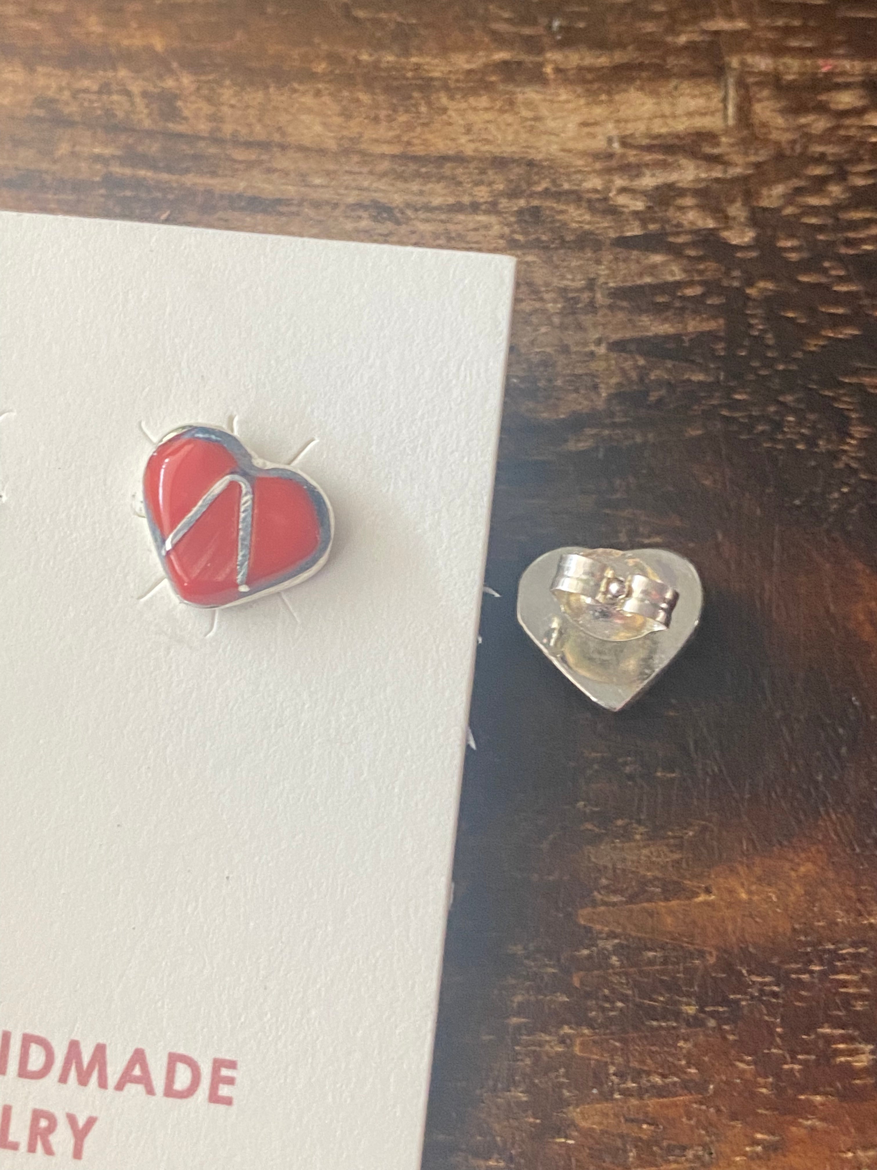 Rose Bowami Coral & Sterling Silver Inlay Heart Studs Earrings