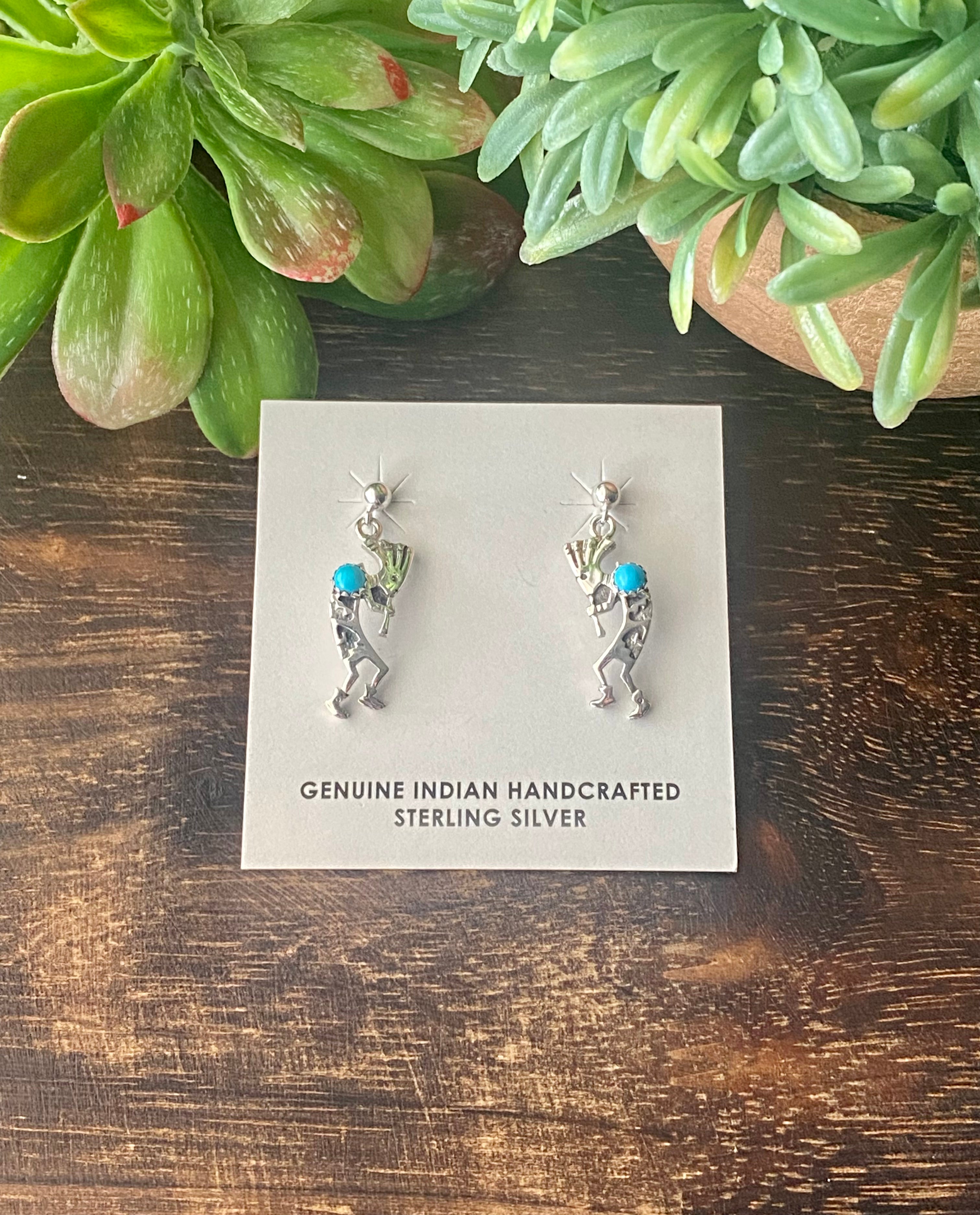 Shirley Henry Turquoise & Sterling Silver Kokopelli Post Dangle Earrings