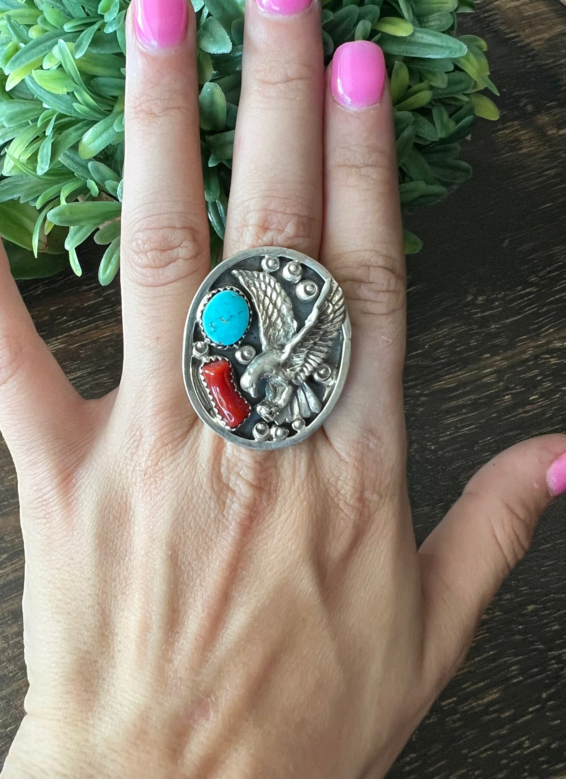 Jeannette Sanders Kingman Turquoise & Coral Sterling Silver Eagle Ring Size 9.25