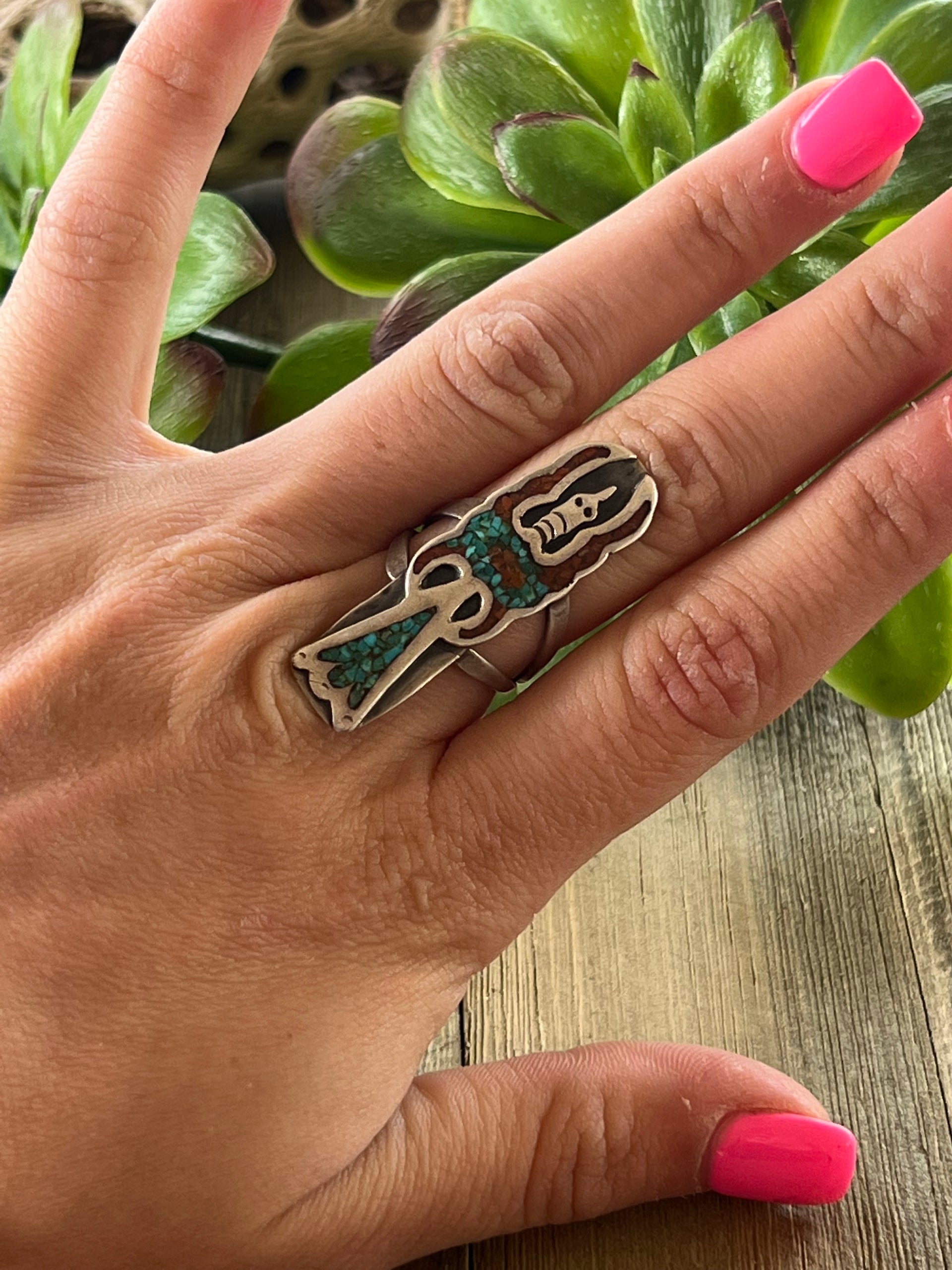 Vintage Navajo Made Multi Stone Flake & Sterling Silver Ring Size 6.25