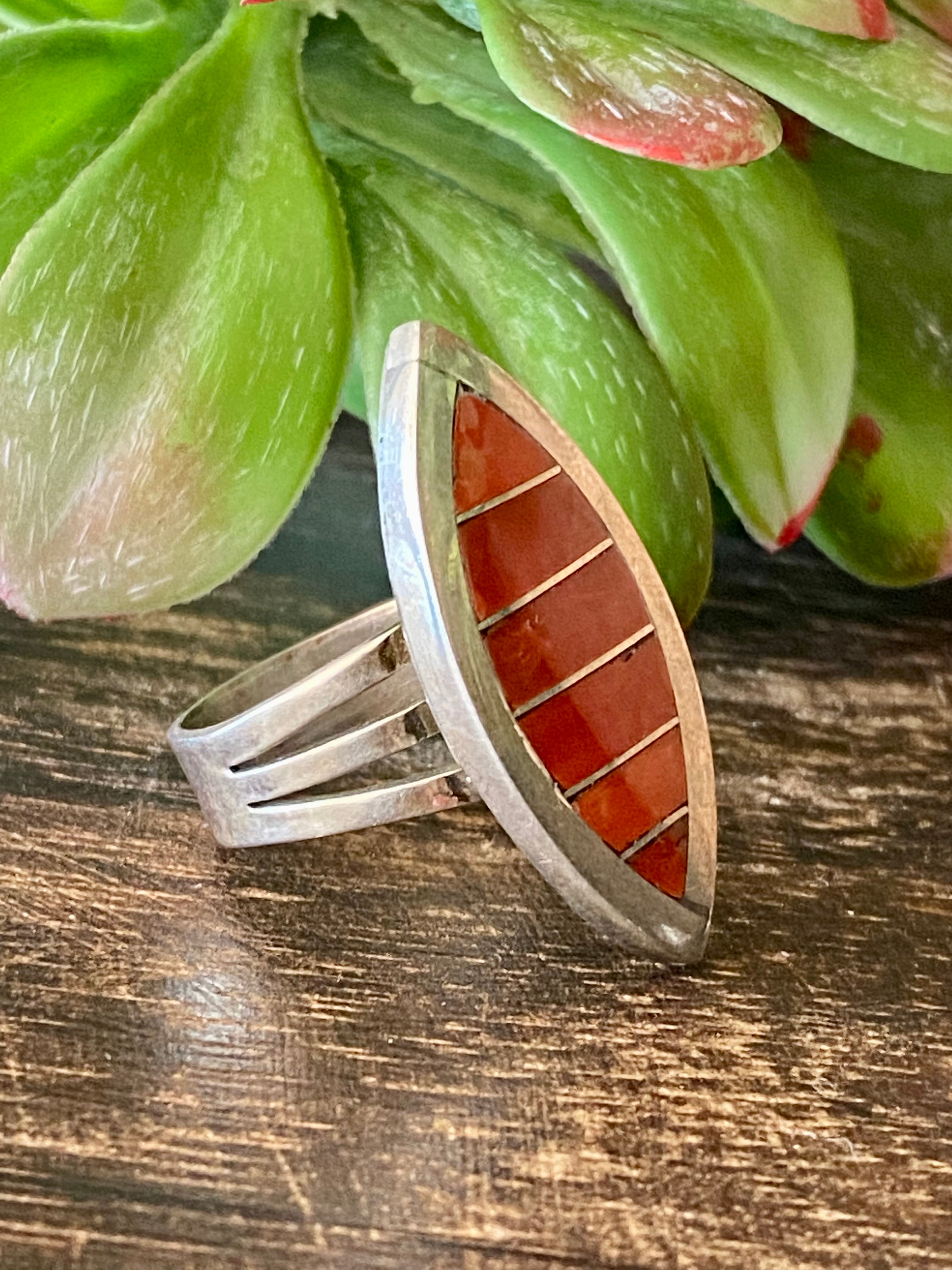 Navajo Made Coral & Sterling Silver Inlay Ring Size 9