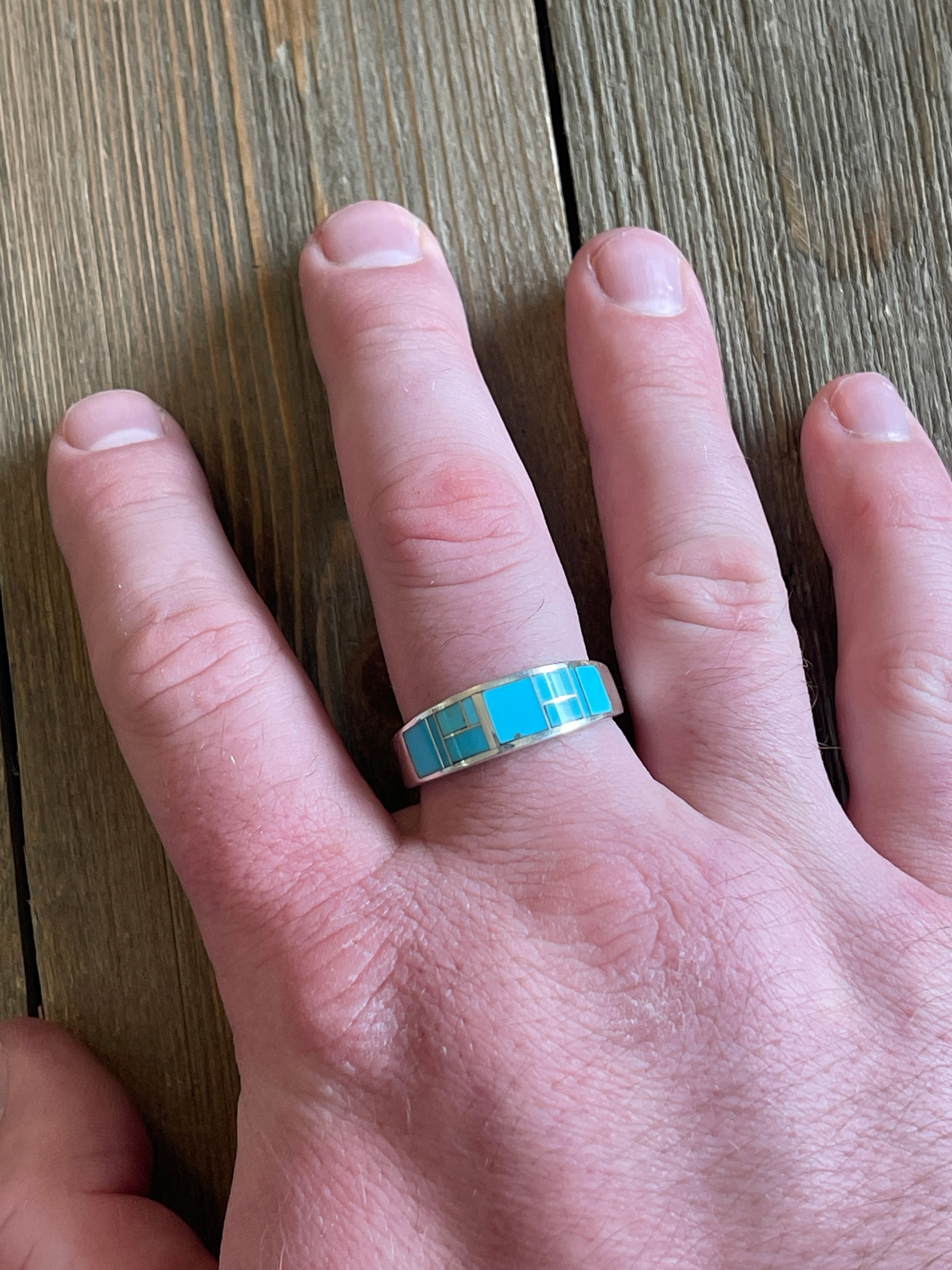 Navajo Turquoise & Sterling Silver Inlay Ring Size 14