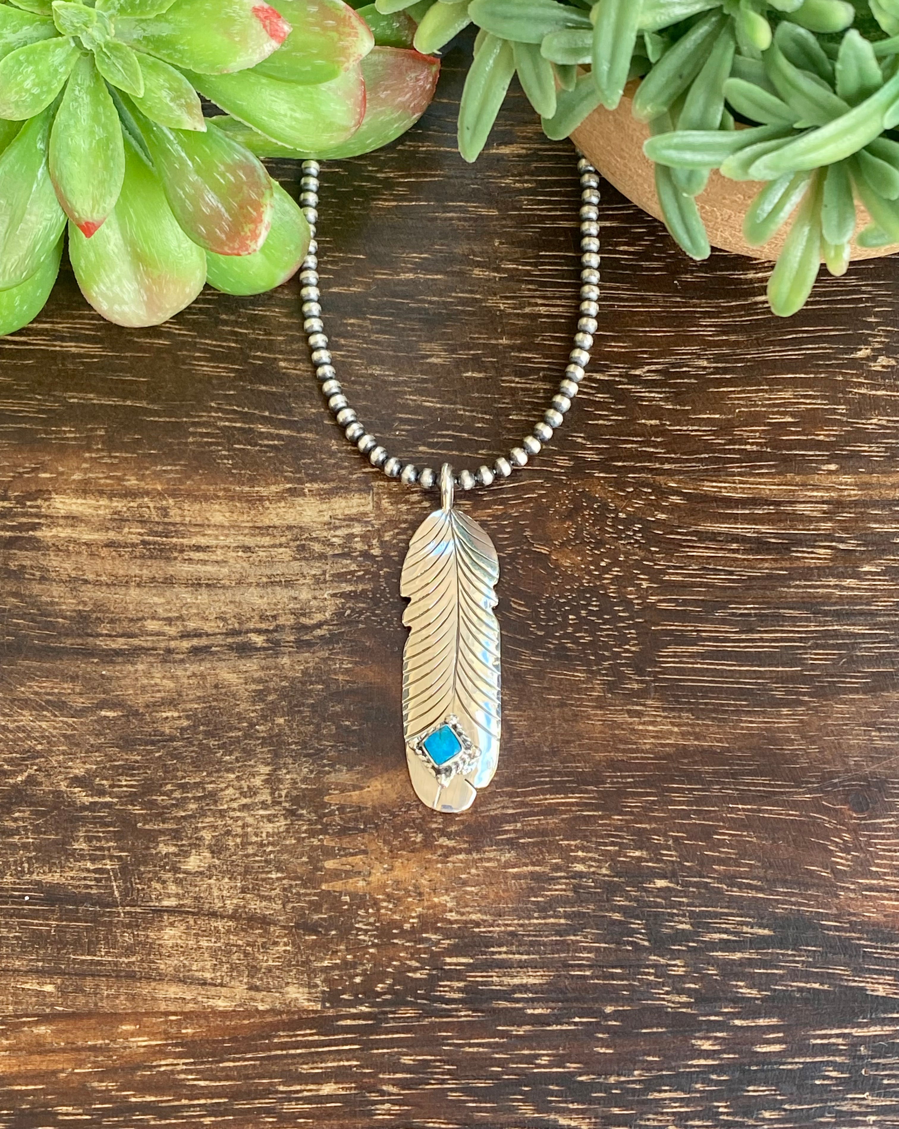 Navajo Made Turquoise & Sterling Silver Feather Pendant