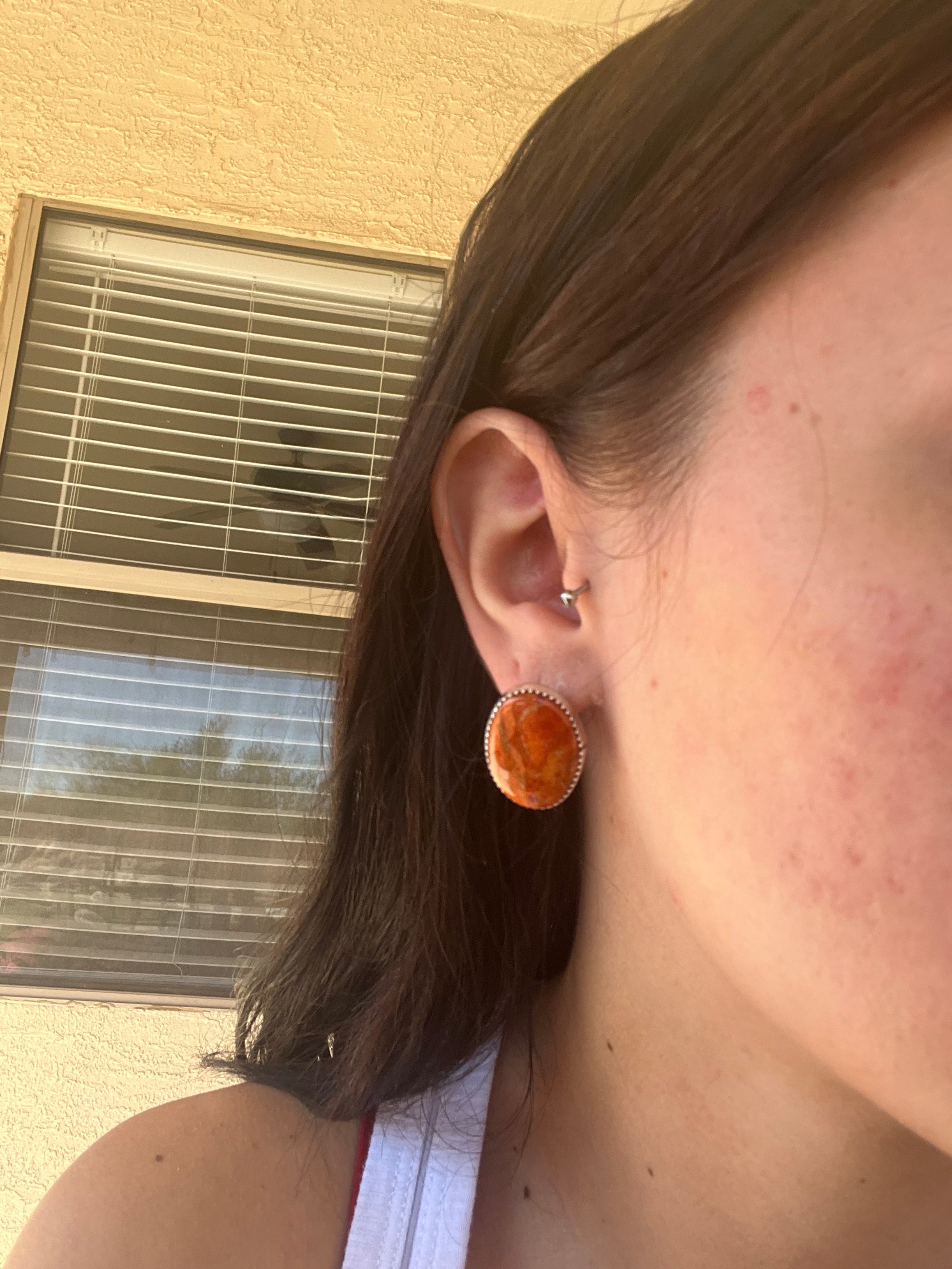 Navajo Made Apple Coral & Sterling Silver Post Earrings