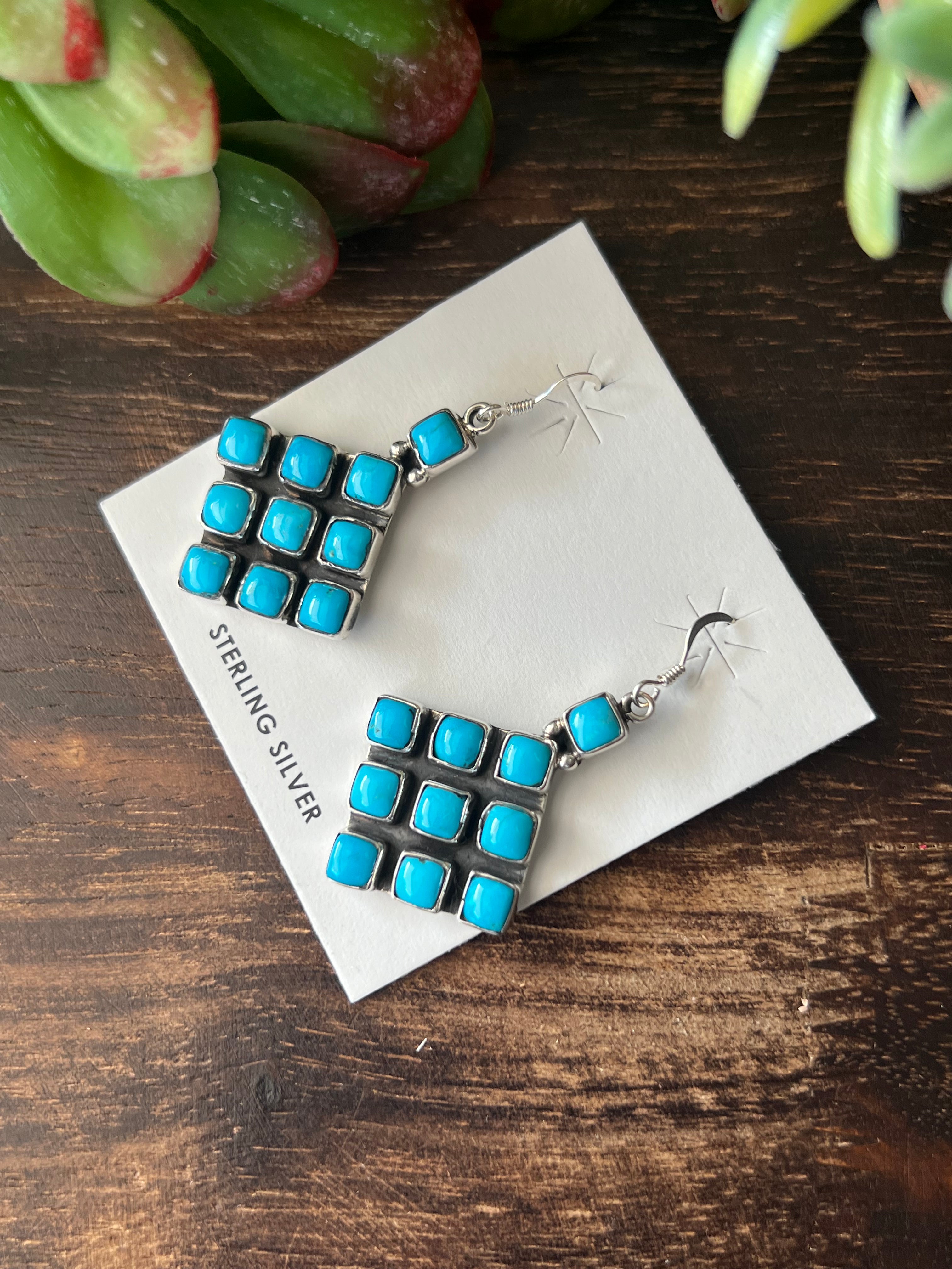 Navajo Made Kingman Turquoise & Sterling Silver Dangle Earrings