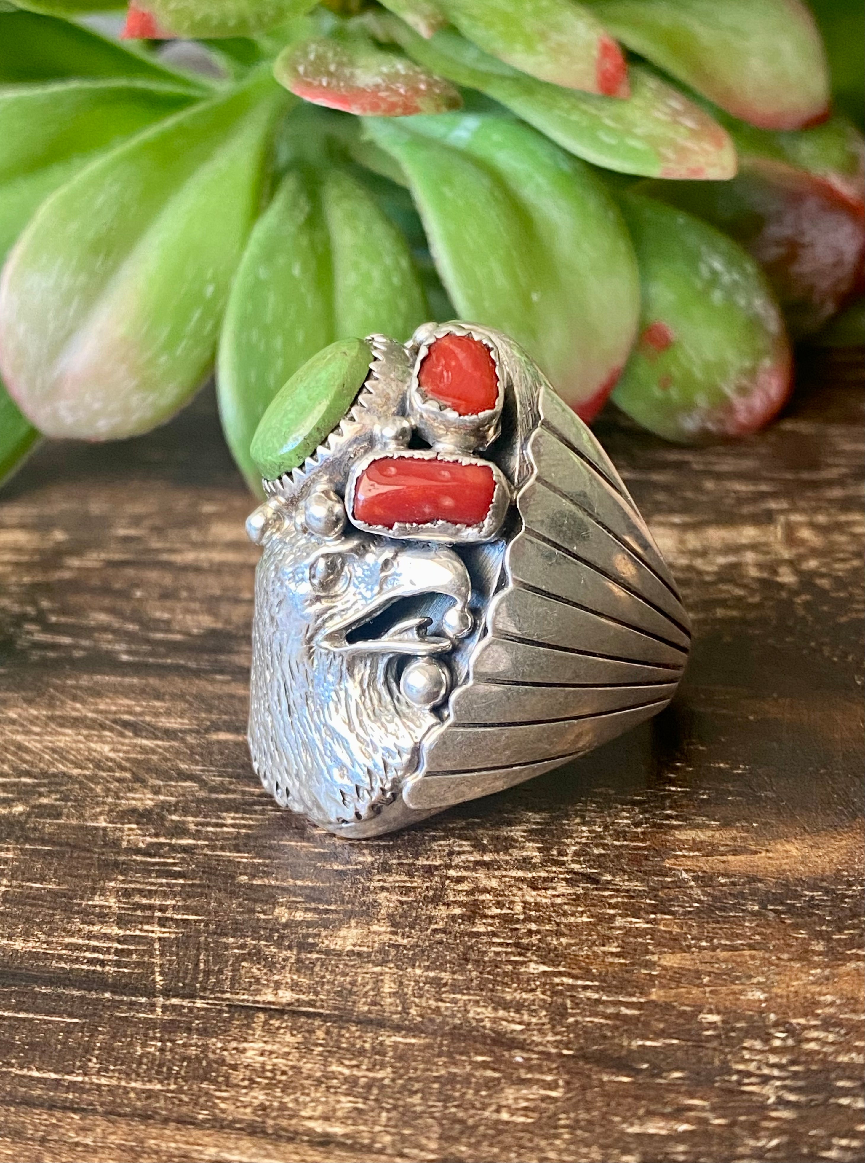 Navajo Made Multi Stone & Sterling Silver Eagle Ring Size 11.5